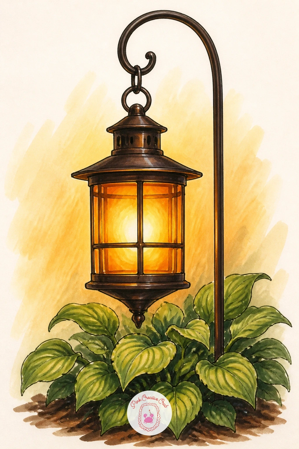 Lantern Hanging From a Shepherd's Hook in a Garden — Return to the garden now with a lantern hung from a tall shepherd's hook rather than a tree branch, a good