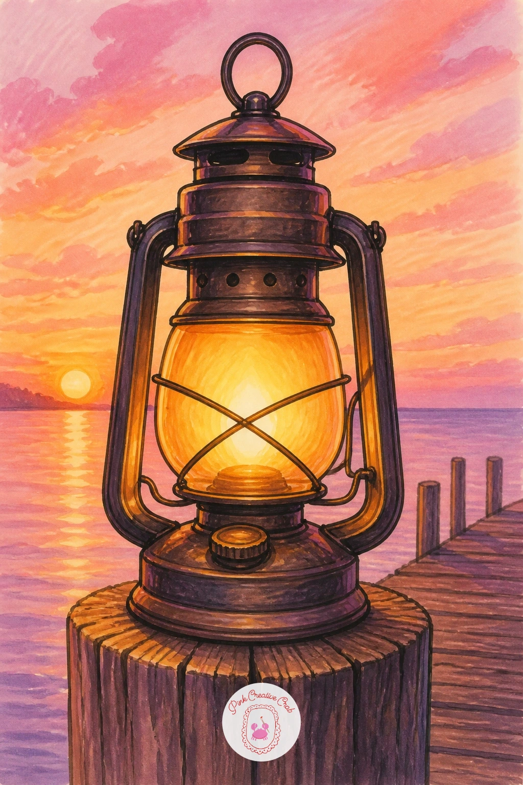 Lantern on a Pier at Pastel Sunset — Set the lantern down on a wooden pier now, with a full pastel sunset filling the sky behind it. Lantern drawing