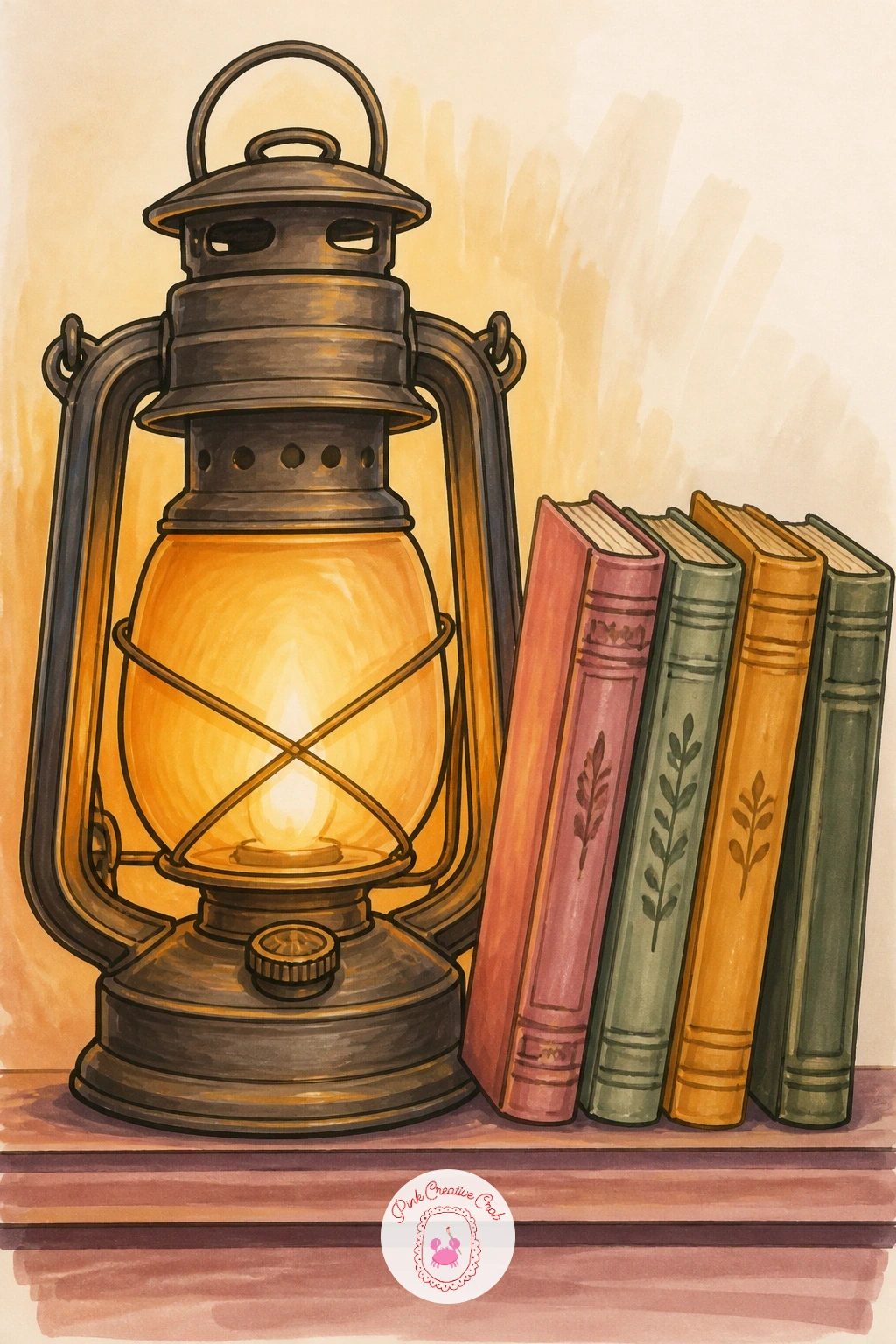 Lantern on a Bookshelf With Books — Bring the lantern indoors onto a bookshelf now, tucked among a small stack of books. Lantern drawing