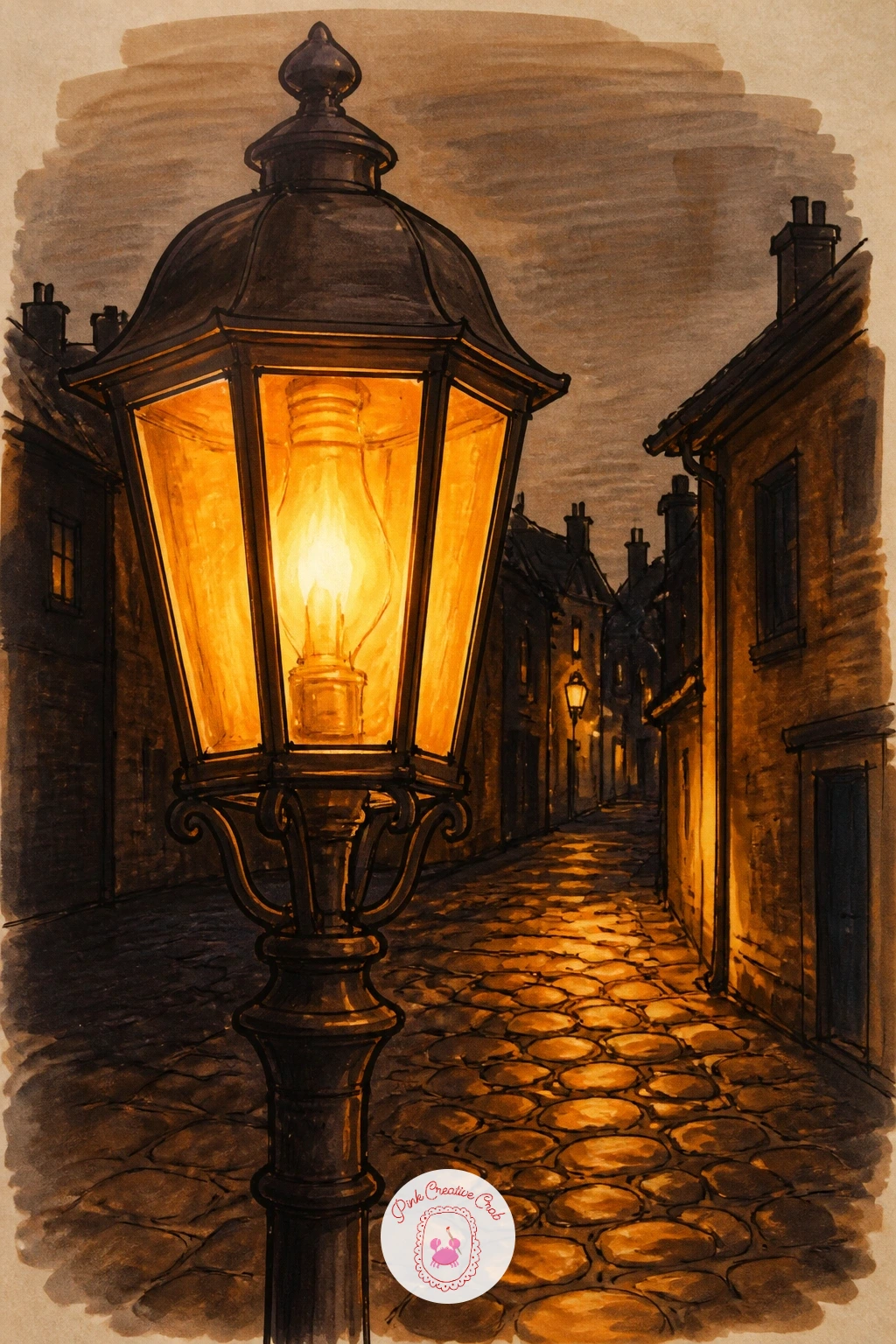 Street Lamp Lantern in a Cobbled Lane — Return to the street now, but with a tall freestanding street lamp lantern rather than a hanging one, lighting a
