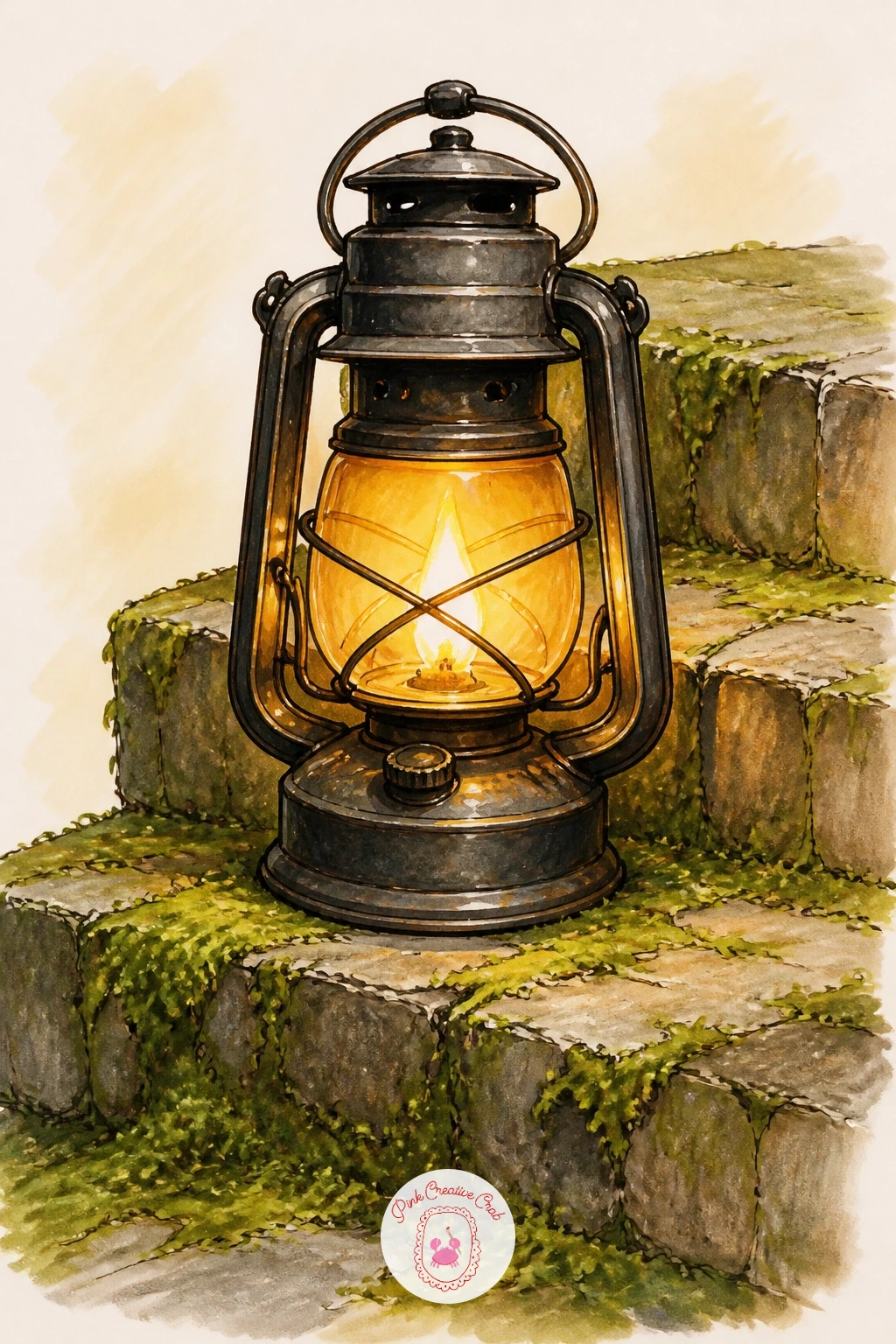 Lantern on a Mossy Stone Step — Bring the lantern back to a quieter garden moment now, resting on an old mossy stone step. Lantern drawing