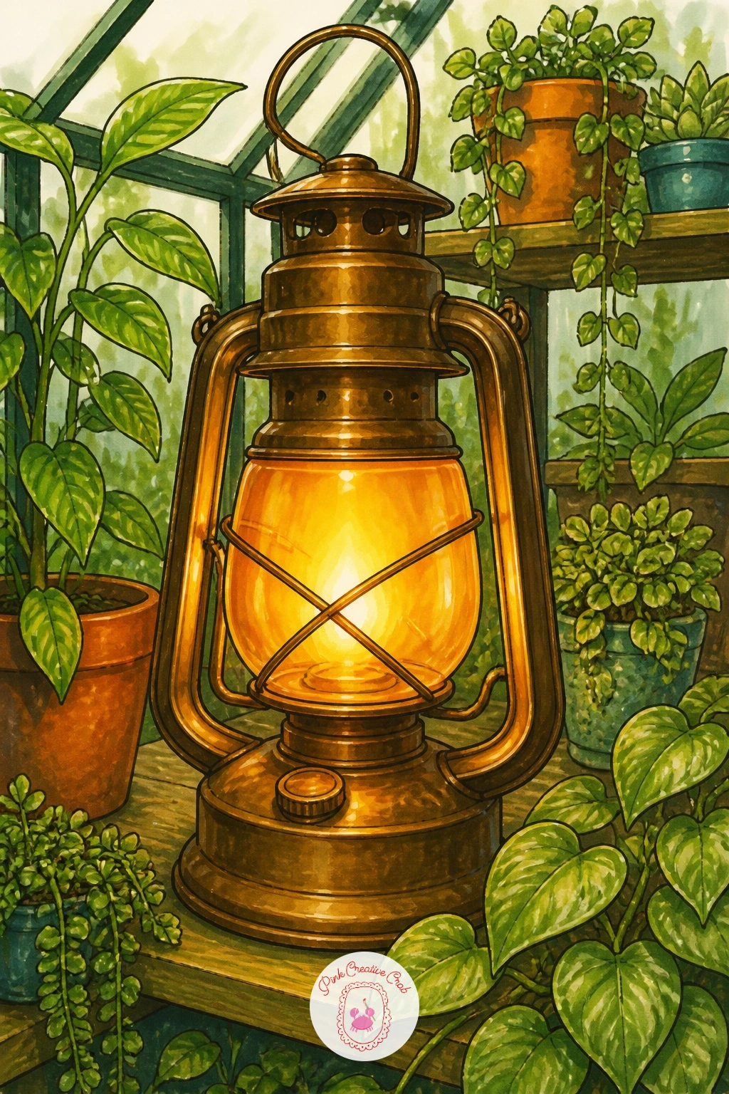 Lantern in a Greenhouse Among Plants — Move the lantern into a greenhouse now, surrounded by a cluster of potted plants under glass. Lantern drawing