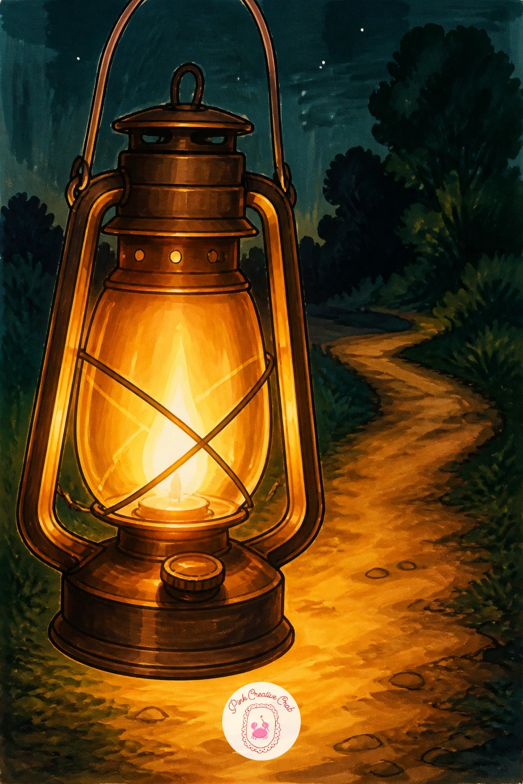 Lantern Carried on a Night Walk — Add motion now with a lantern carried along a dark path on a night walk, swinging slightly from a hand just entering the