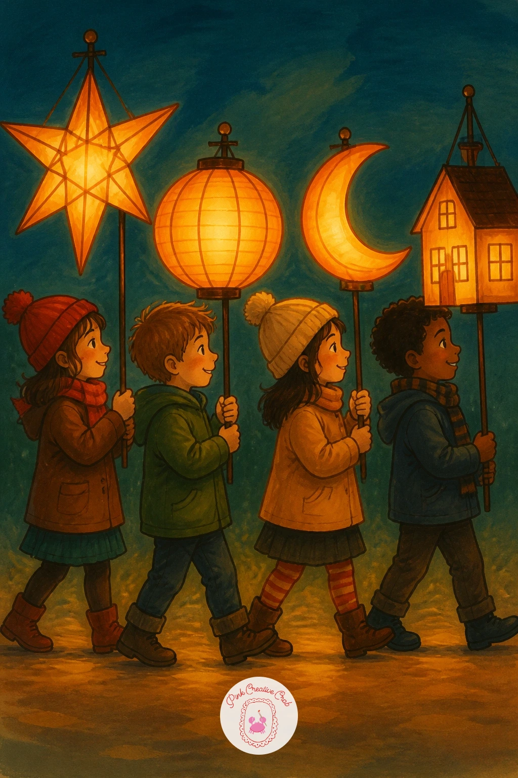 Lantern Parade With Children — Build toward the busiest scene on this list now, a small parade of children each carrying their own lantern. Lantern drawing