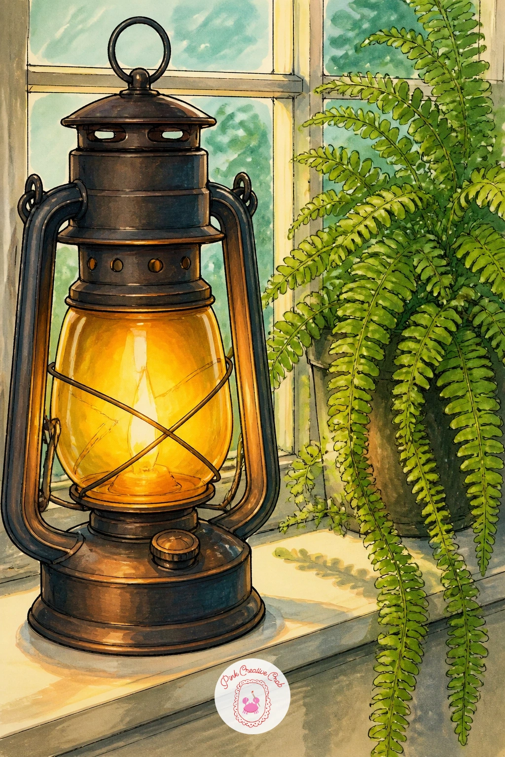 Lantern on a Windowsill With a Fern — Settle back into a quieter indoor scene now, a lantern sharing a windowsill with a trailing fern. Lantern drawing