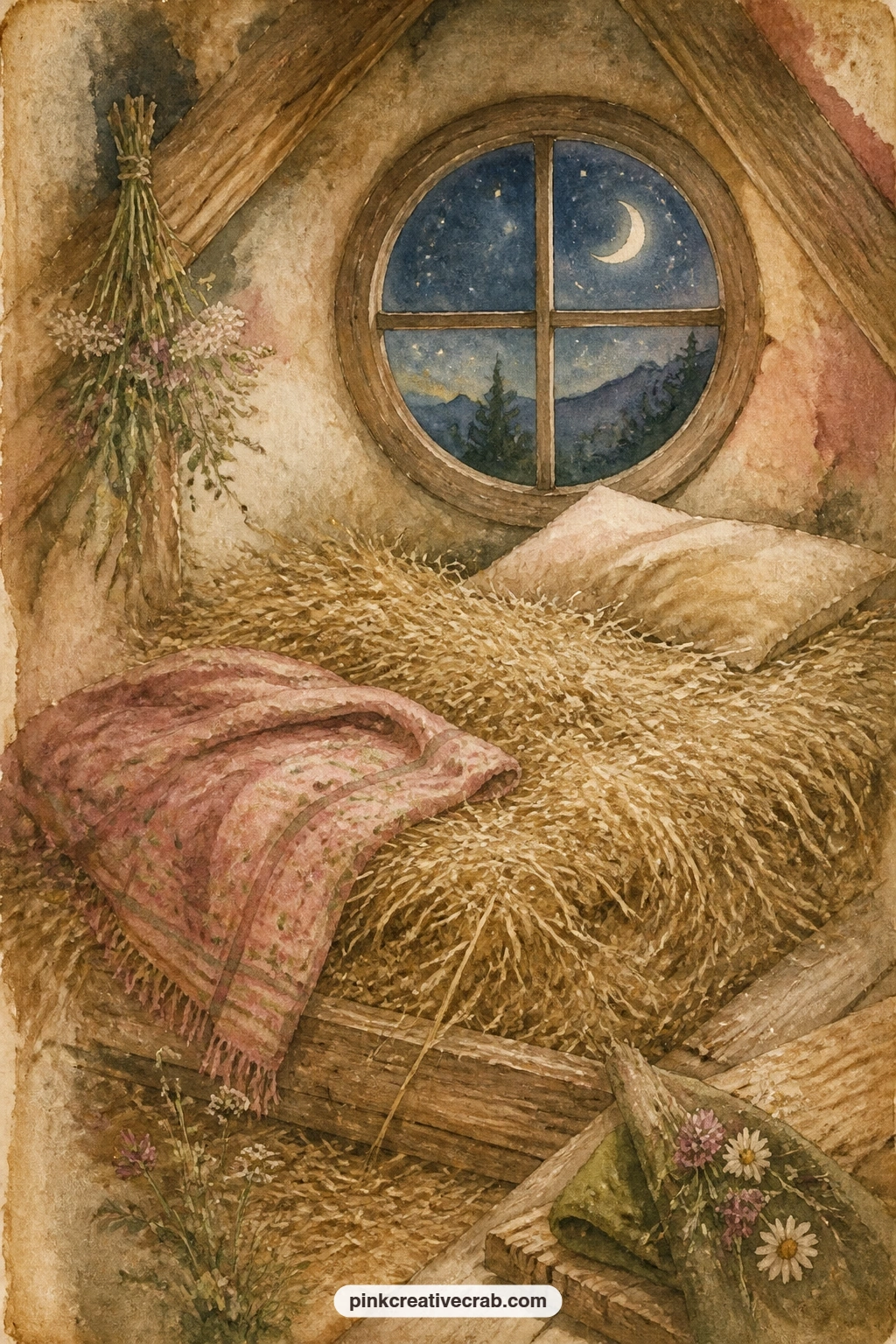Hayloft Bed Under Stars printable page — Tuck in a page about the hayloft under the round window, or write what it might feel like to fall asleep listening to