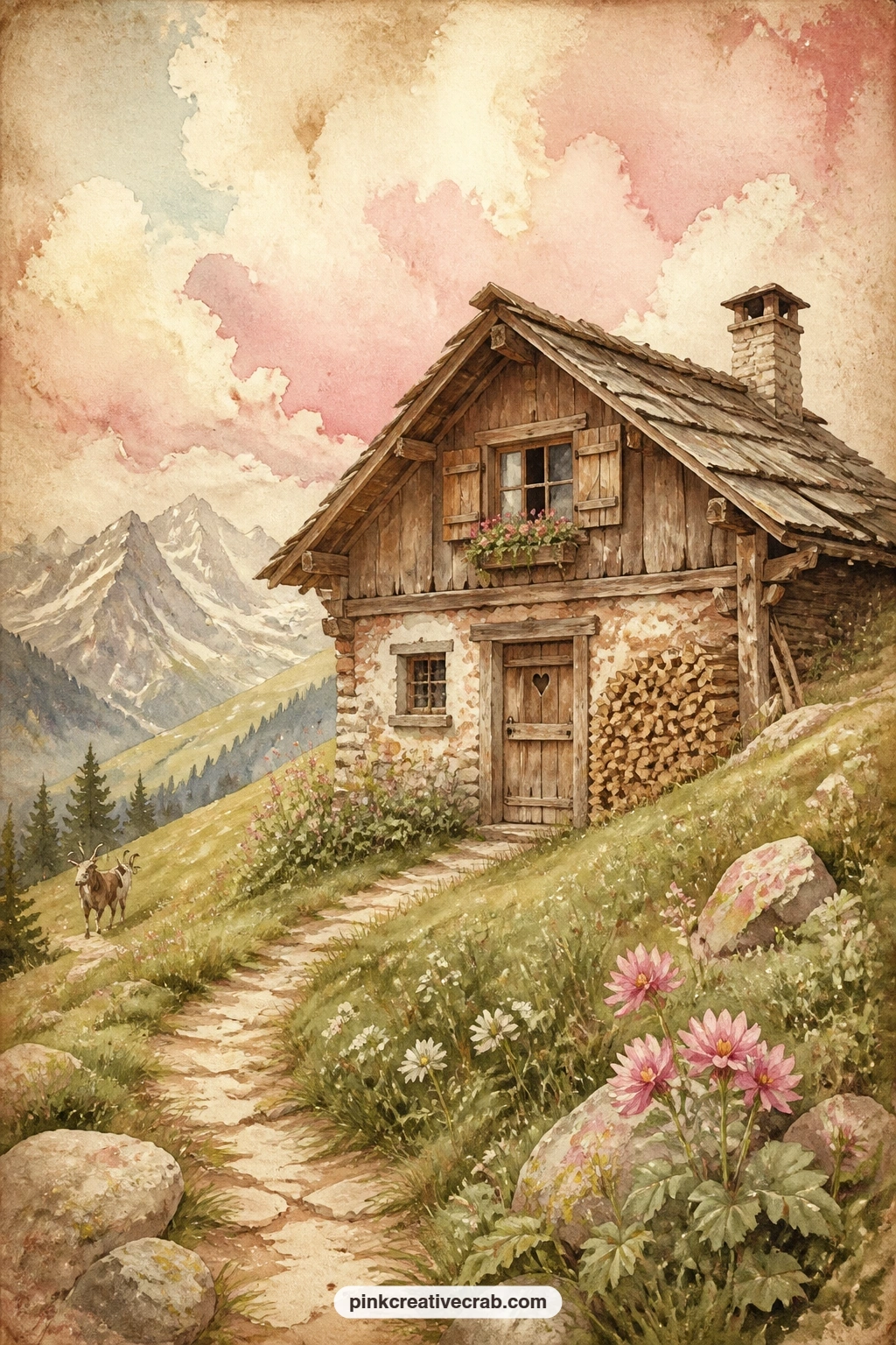 Grandfather's Mountain Hut printable page — Grandfather's wooden hut sits on its mountain slope, weathered gray planks and a low roof, with firewood stacked at