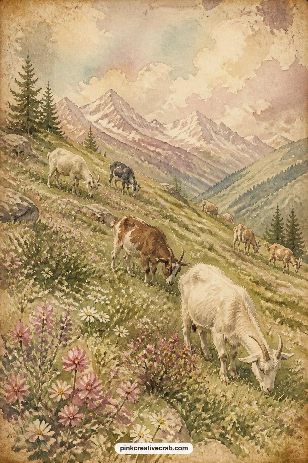 Goats Grazing the Meadow printable page — Pair this one with the alpine flower meadow background later in the set, using the pattern as a facing page so the