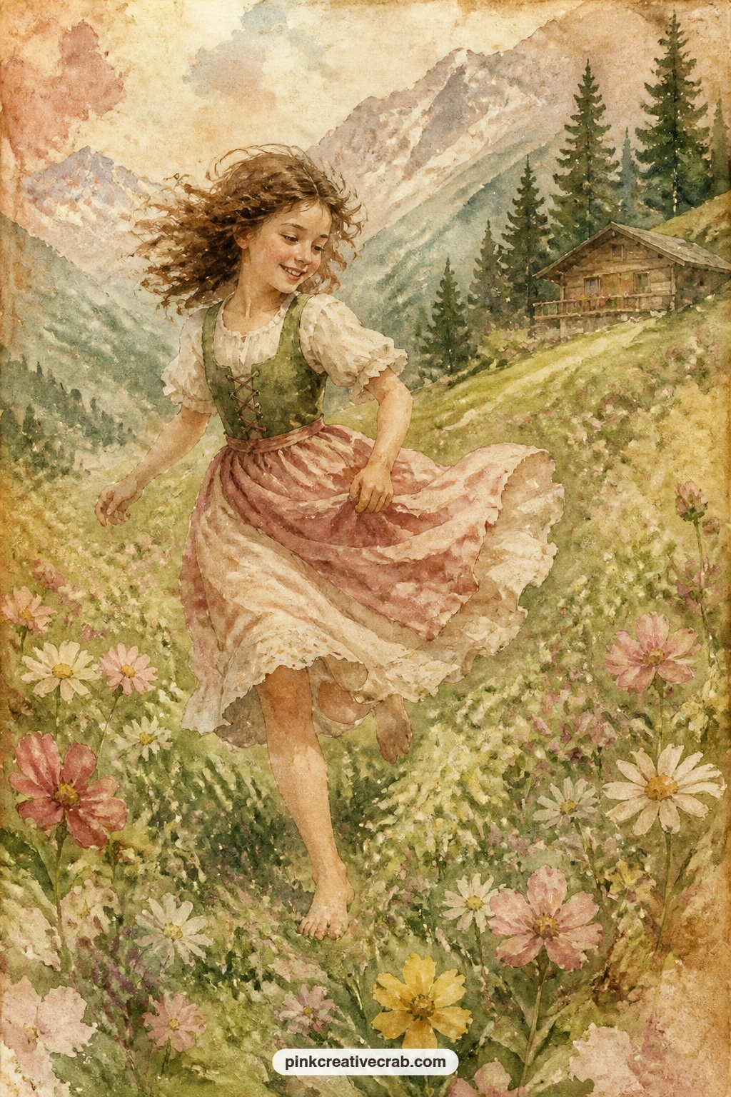 Girl Running Through Wildflowers printable page — A girl runs barefoot through a meadow of wildflowers, skirt catching the wind, with the mountainside and a