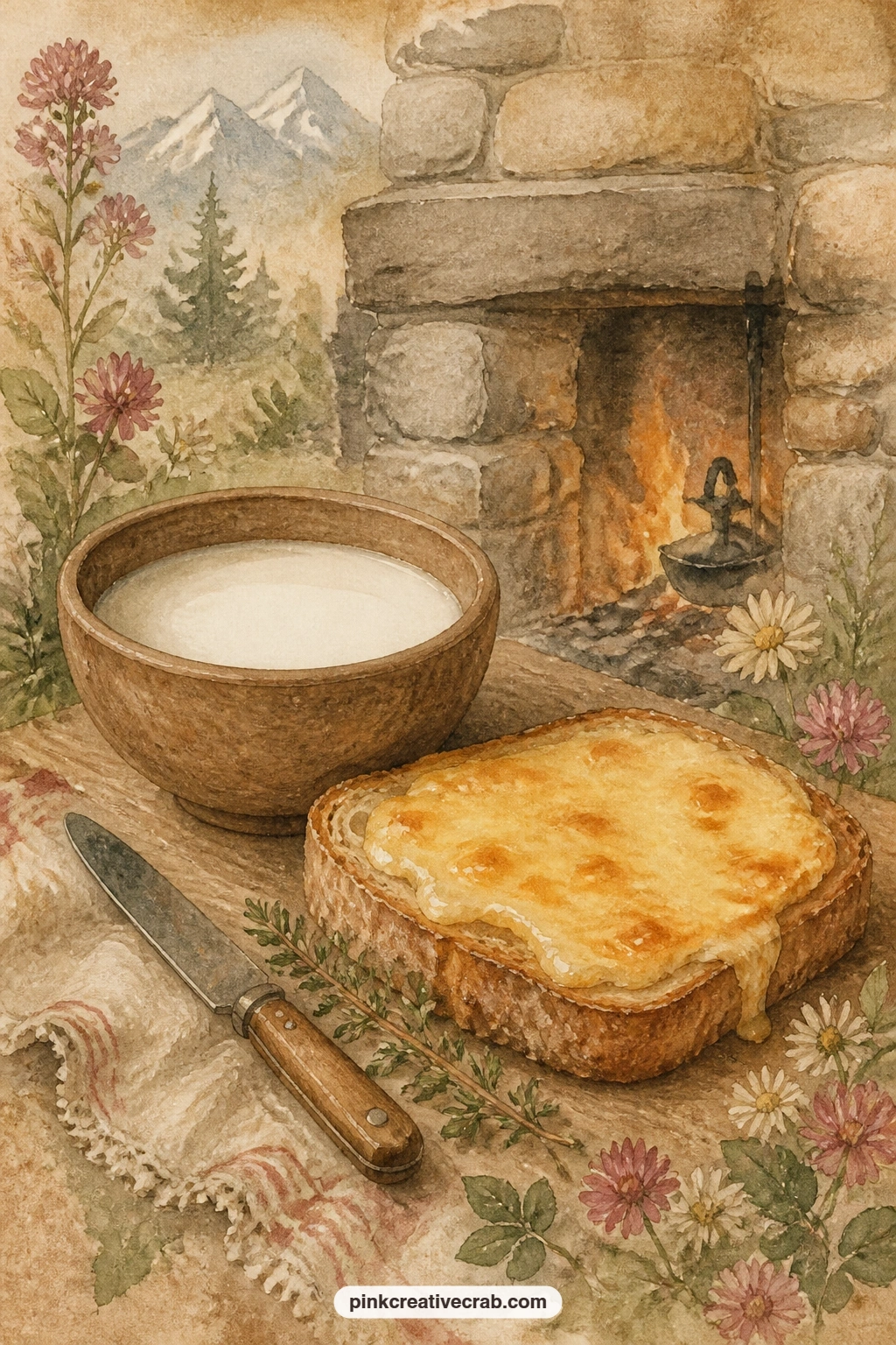 Goat's Milk and Toasted Cheese printable page — The usual mistake with a food page is crowding the table with too many dishes. Heidi junk journal