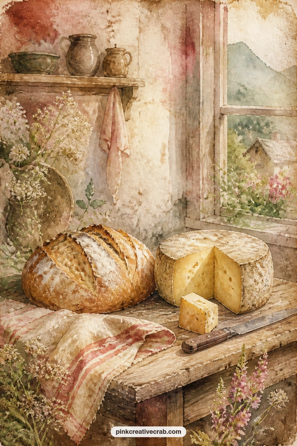 Table With Loaf and Cheese Wheel printable page — Good for a reader who loves cozy kitchen pages in her journal, this one sits well next to a handwritten