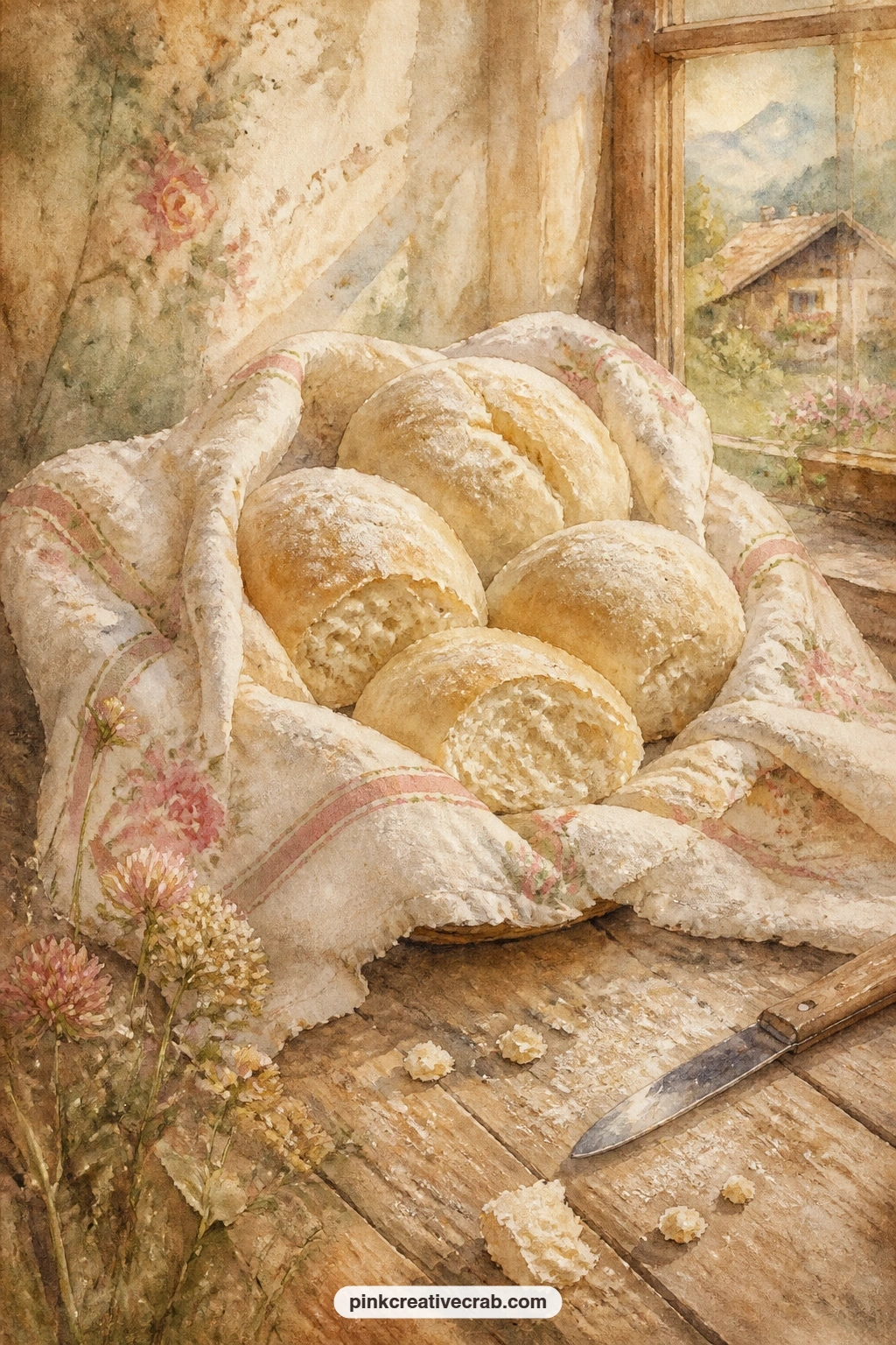 White Rolls Wrapped in Cloth printable page — Soft white rolls sit wrapped in a cloth on the table, with a few loose crumbs and a small knife beside them, a