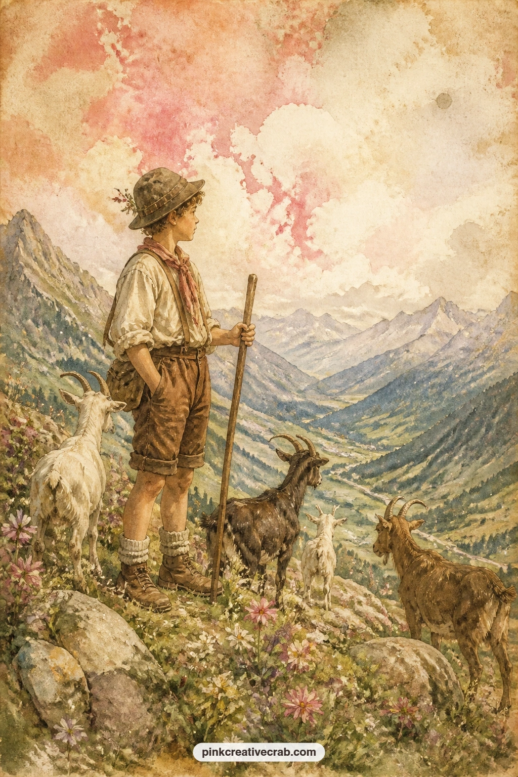 Goatherd Boy on the Ridge printable page — A goatherd boy stands watch over his goats along a high ridge, staff in hand, with the valley spread wide and pale