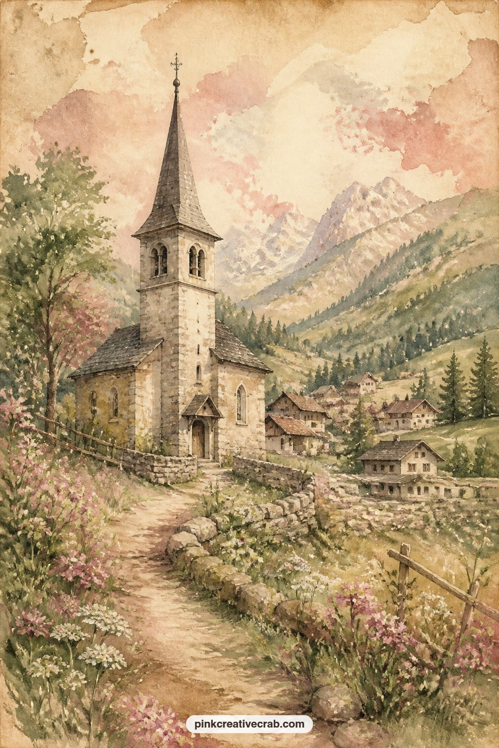 Village Church in the Valley printable page — Ask yourself what quiet feels like, then write that answer across this page, with the small church spire and