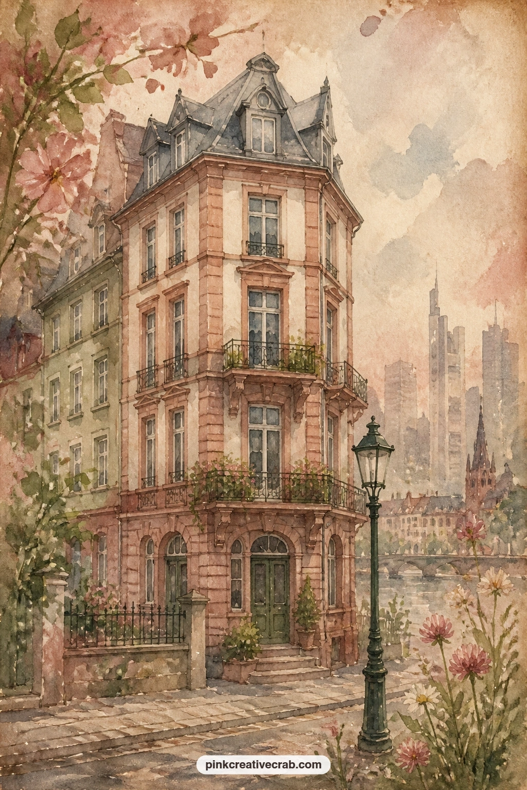 Frankfurt House With Tall Windows printable page — A Frankfurt house rises tall and formal, with narrow windows and a paved street in front, a clear contrast