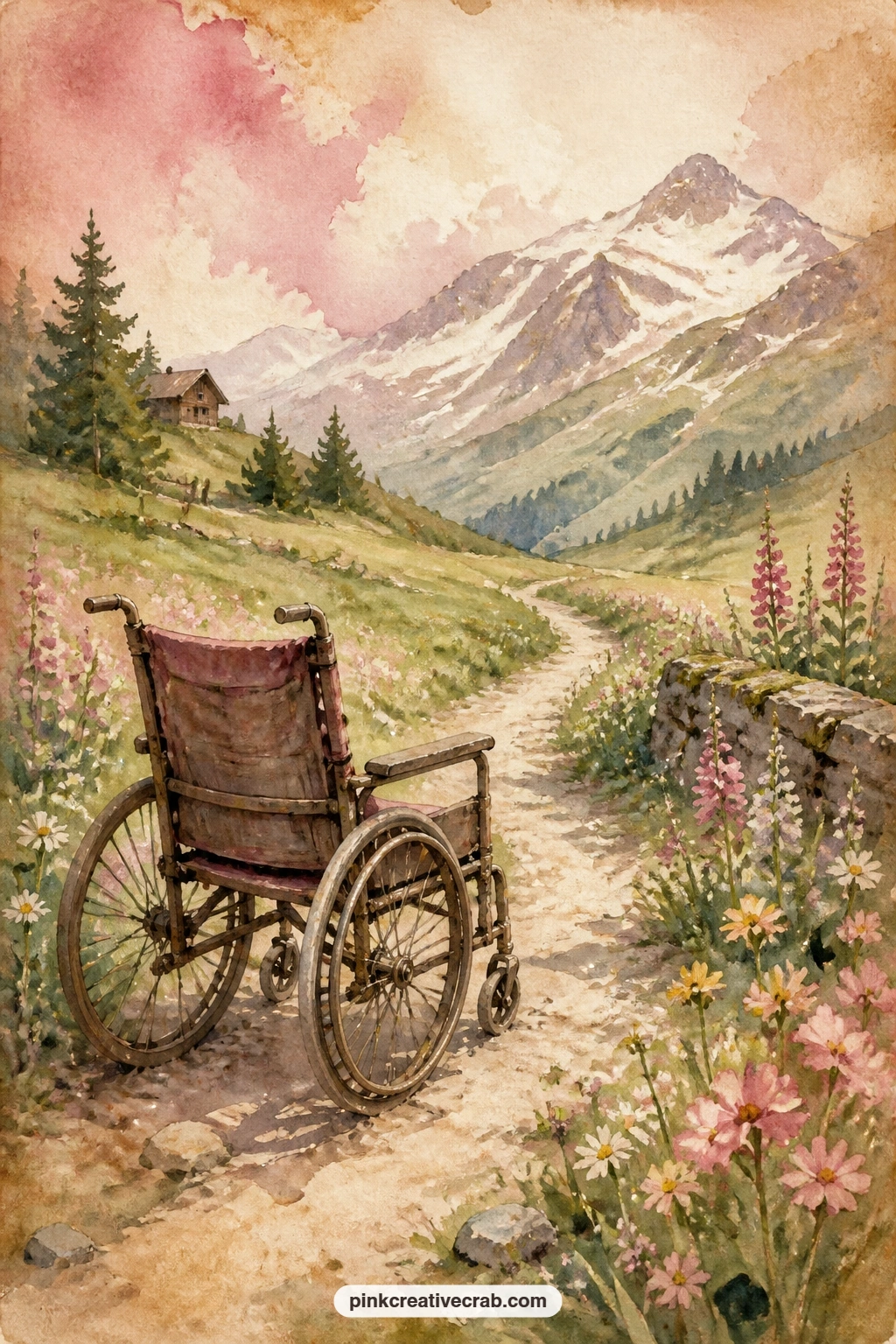 Wheelchair on the Mountain Path printable page — A wheelchair rolls slowly down a winding mountain path, wildflowers brushing its wheels, with wide meadows and