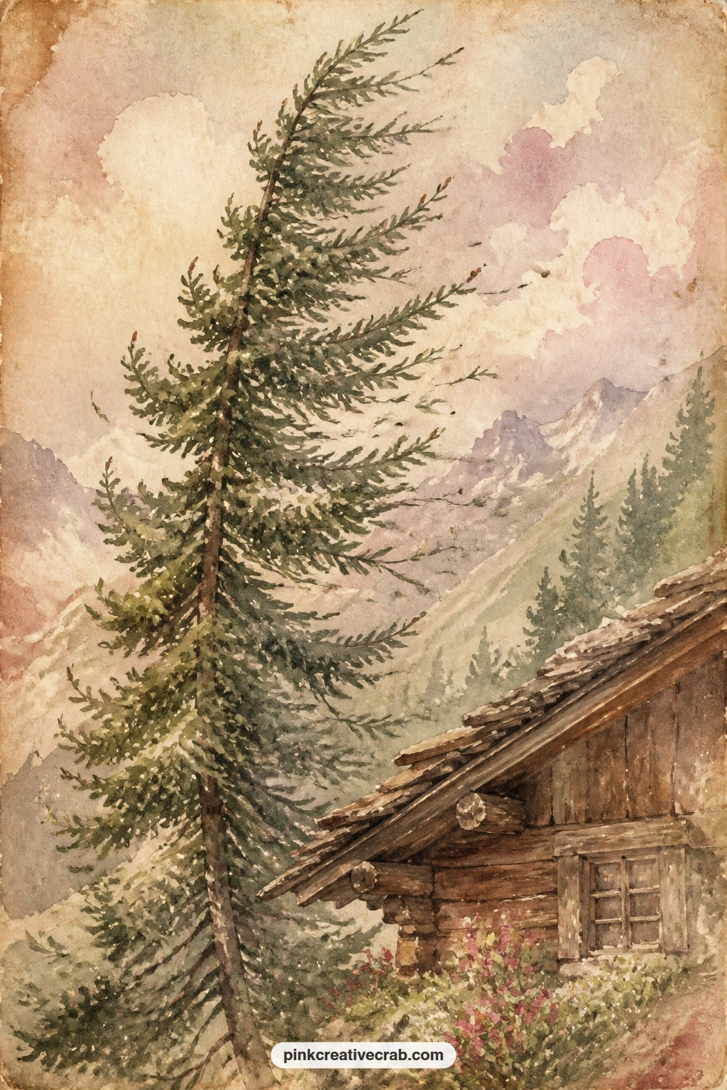 Fir Tree by the Hut printable page — A fir tree sways in the wind beside the hut, needles bending in one direction, with the roofline just visible at the edge