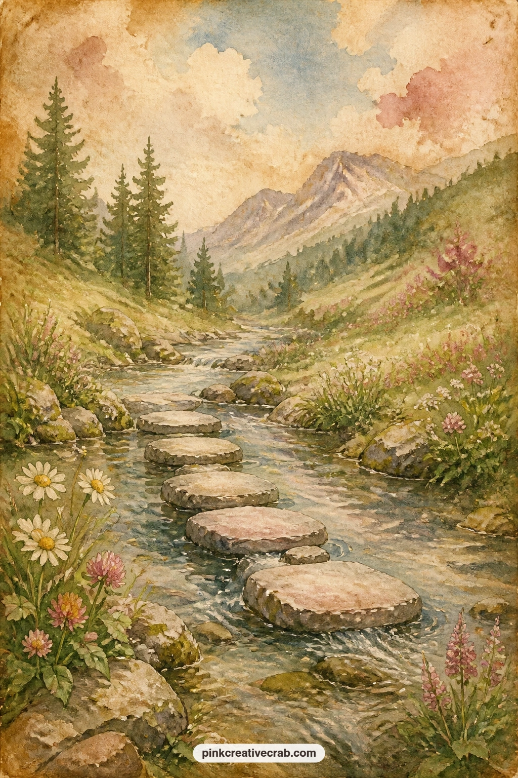Mountain Stream and Stepping Stones printable page — Give this page a torn bottom edge, as if the stream has worn the paper away, then pair it with the pine