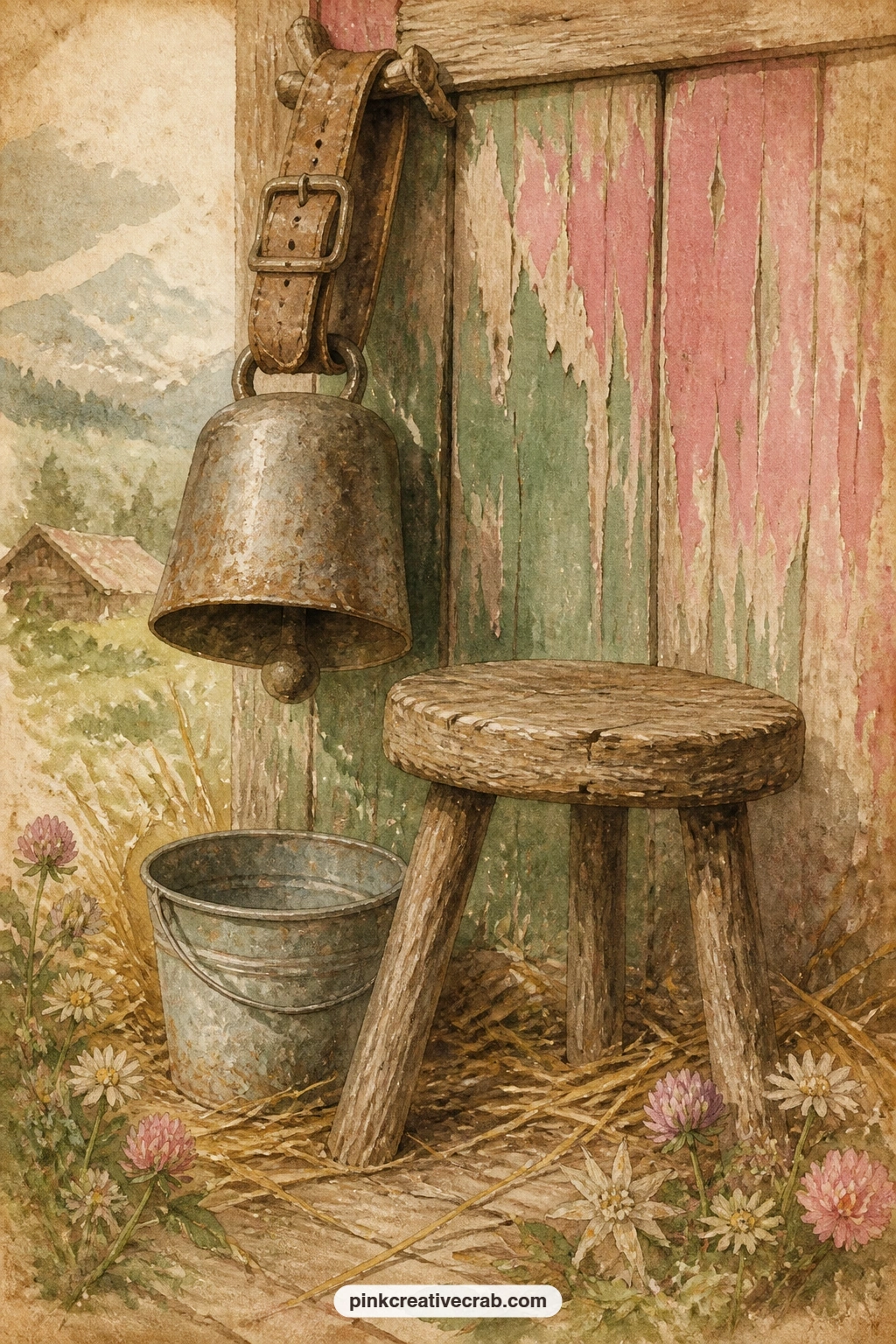 Cowbell and Milking Stool printable page — A weathered cowbell hangs beside a three legged milking stool, with a small pail and a scattering of straw nearby, a