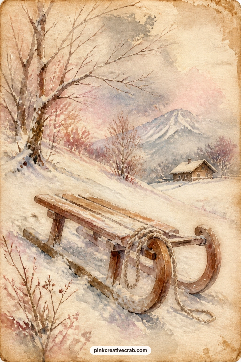 Sledge in Winter Snow printable page — A wooden sledge rests in deep winter snow, rope coiled over its edge, with bare trees and a soft gray sky filling the