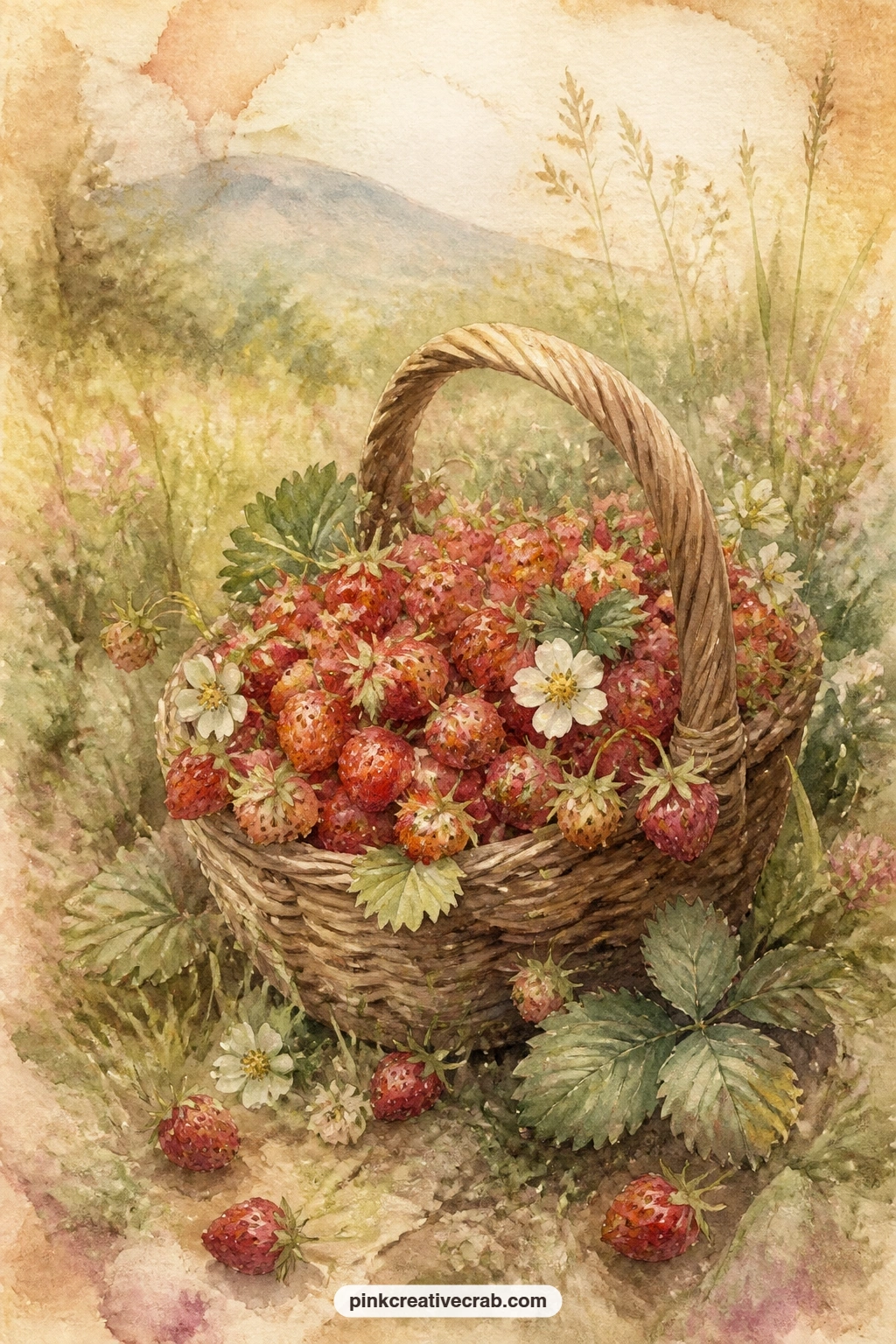 Basket of Wild Strawberries printable page — This one is well suited to someone who journals about summer and small outdoor pleasures, the kind of page she