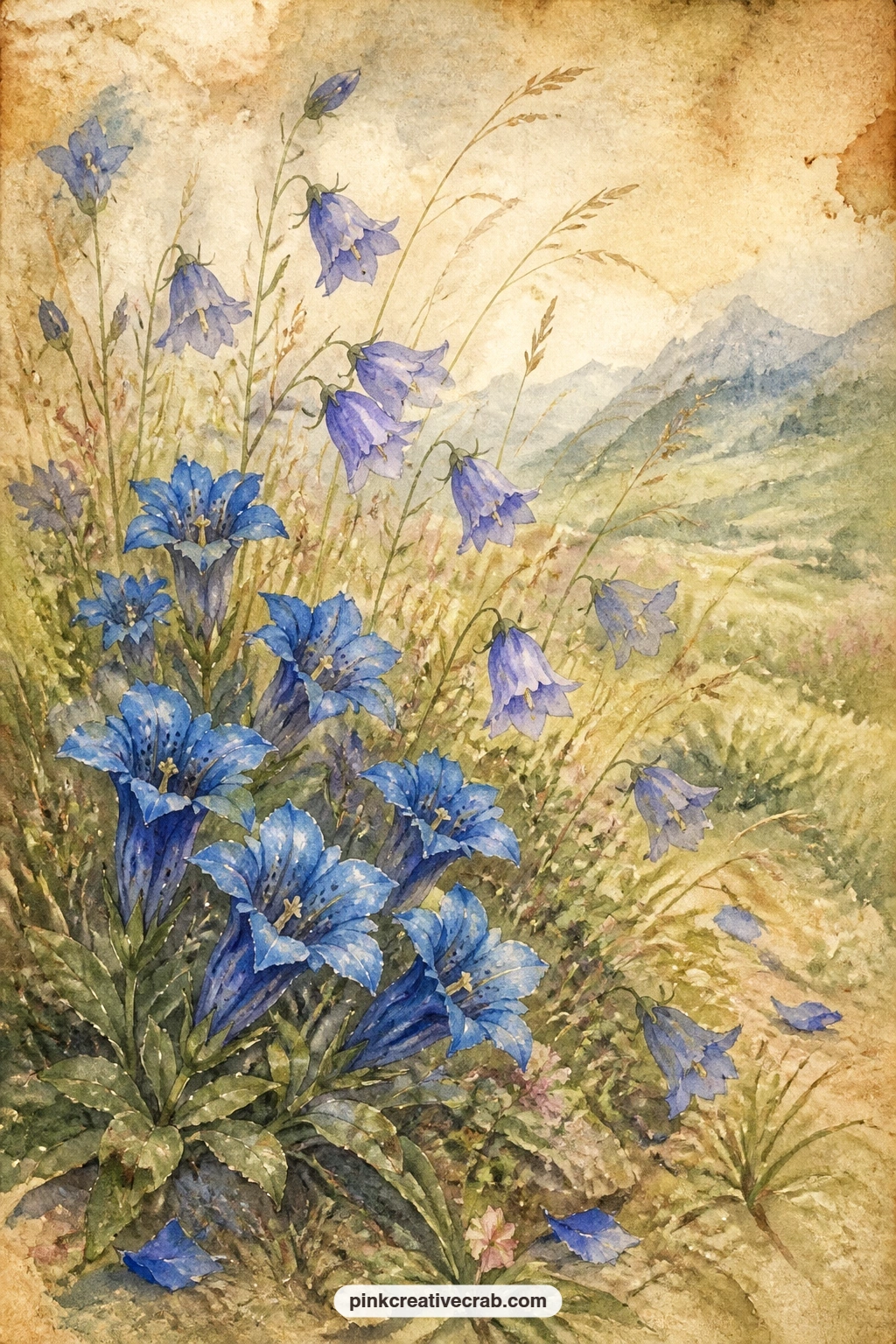 Gentians and Harebells printable page — Try layering tissue paper petals over the painted gentians and harebells for texture, or leave the page flat and simply