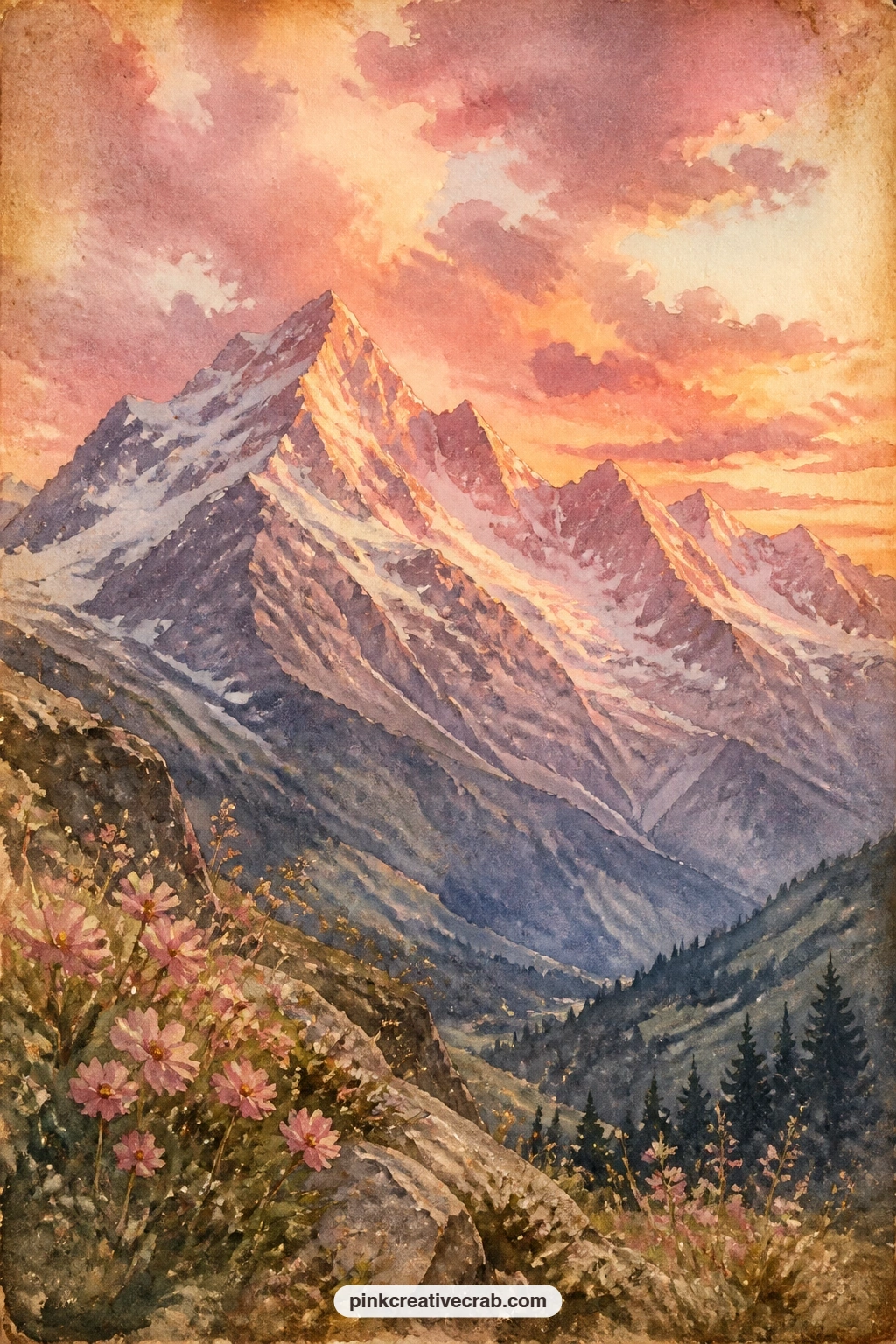 Snowy Peaks at Sunset printable page — Snowy peaks glow pink and gold as the sun sets behind them, with soft clouds drifting low and the shadowed valley
