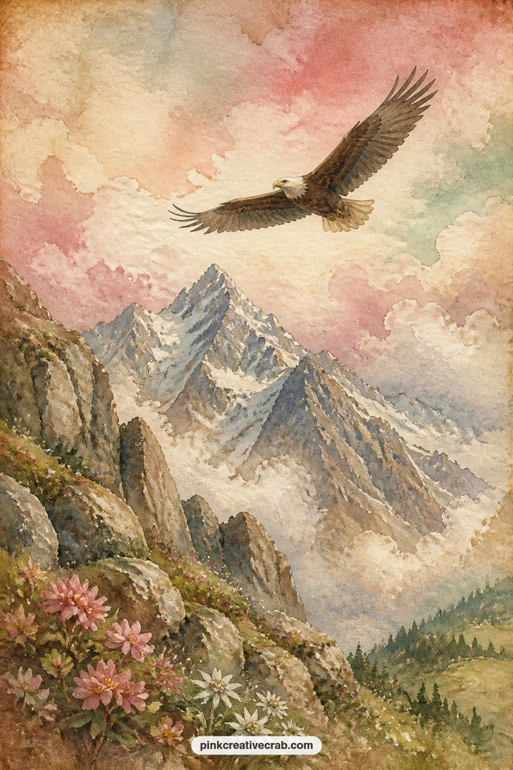Eagle Over the Peaks printable page — An eagle circles wide over the snowy peaks, wings spread against a pale sky, with jagged rock faces and drifting clouds