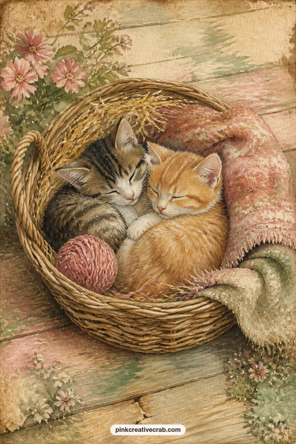 Kittens in a Basket printable page — Place this page next to the Grandmother's Village Cottage page in your spread, letting the two quiet, domestic scenes sit