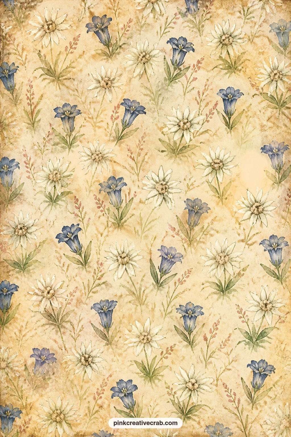 Edelweiss and Gentian Pattern printable page — Scatter this pattern of edelweiss and gentian across a pocket lining, behind a photo corner, or as the opening