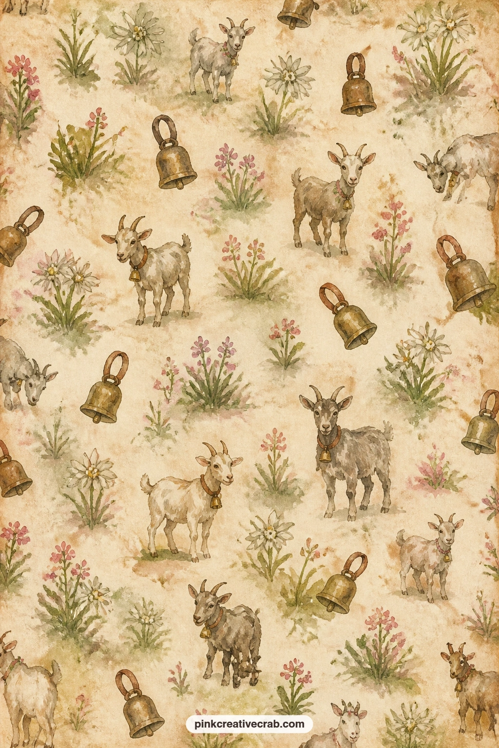 Goat and Bell Pattern printable page — Use this small goat and bell print behind a tucked-in ticket, as a journal cover, or lining the inside of a pocket page