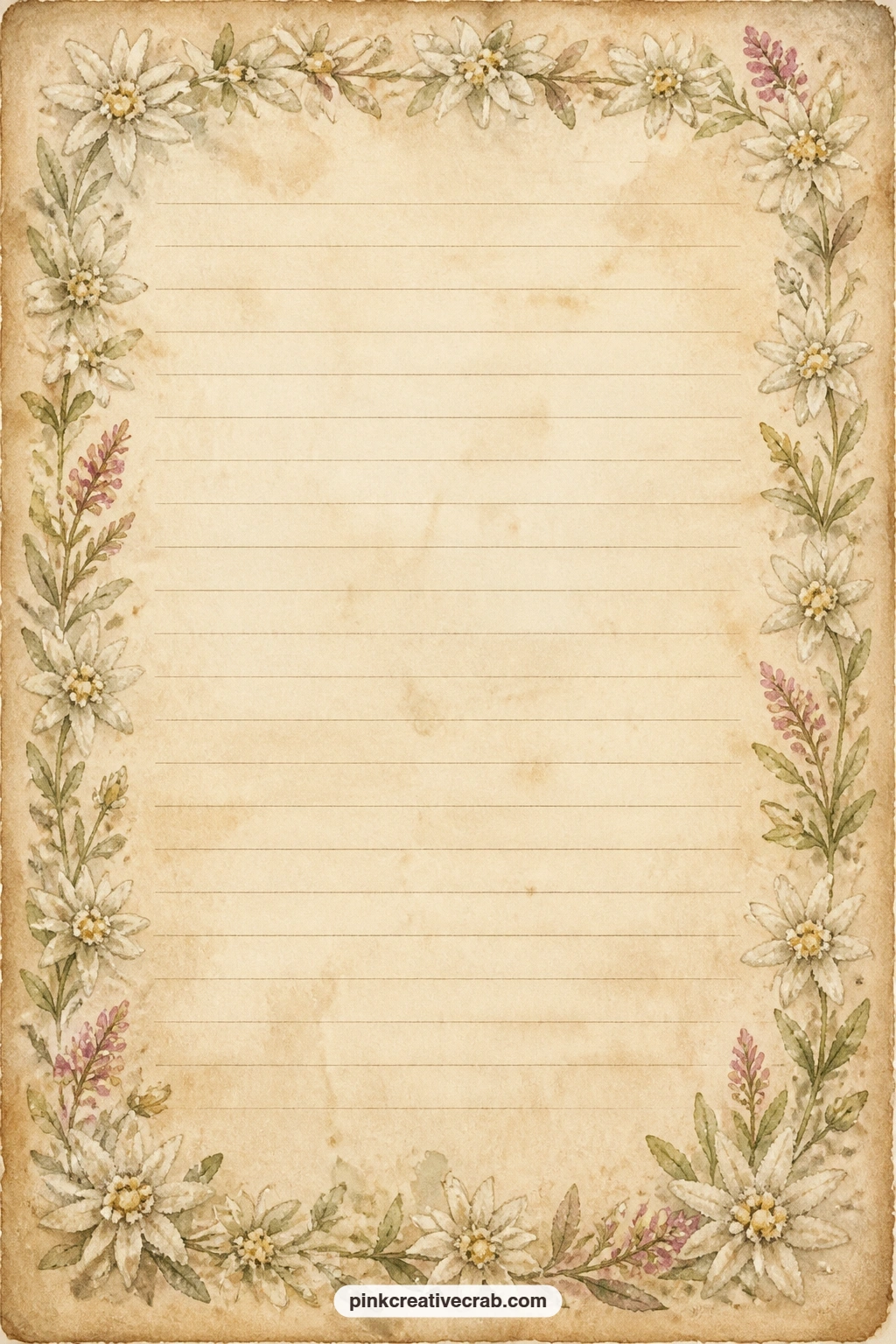 Edelweiss Border Lined Page printable page — Write a short packing list for an imagined mountain summer, a letter to next year's self, or a line or two about a