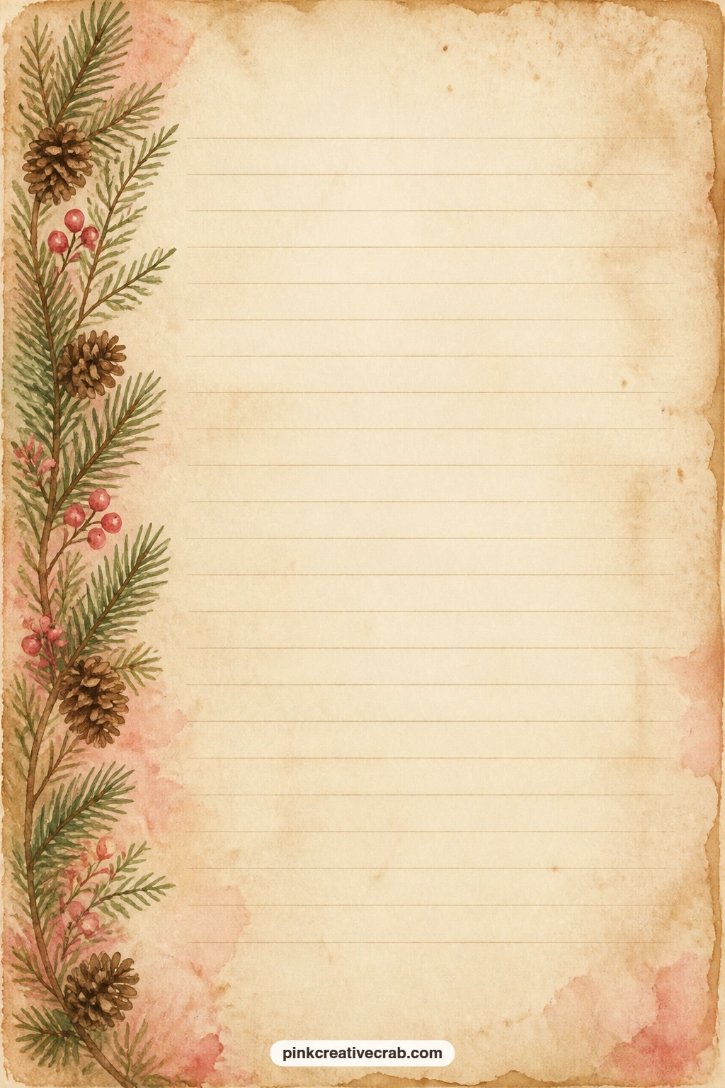 Pine Branch Band Lined Page printable page — Use the open lines here for a winter memory, a note about a favorite walk in the woods, or a short list of things
