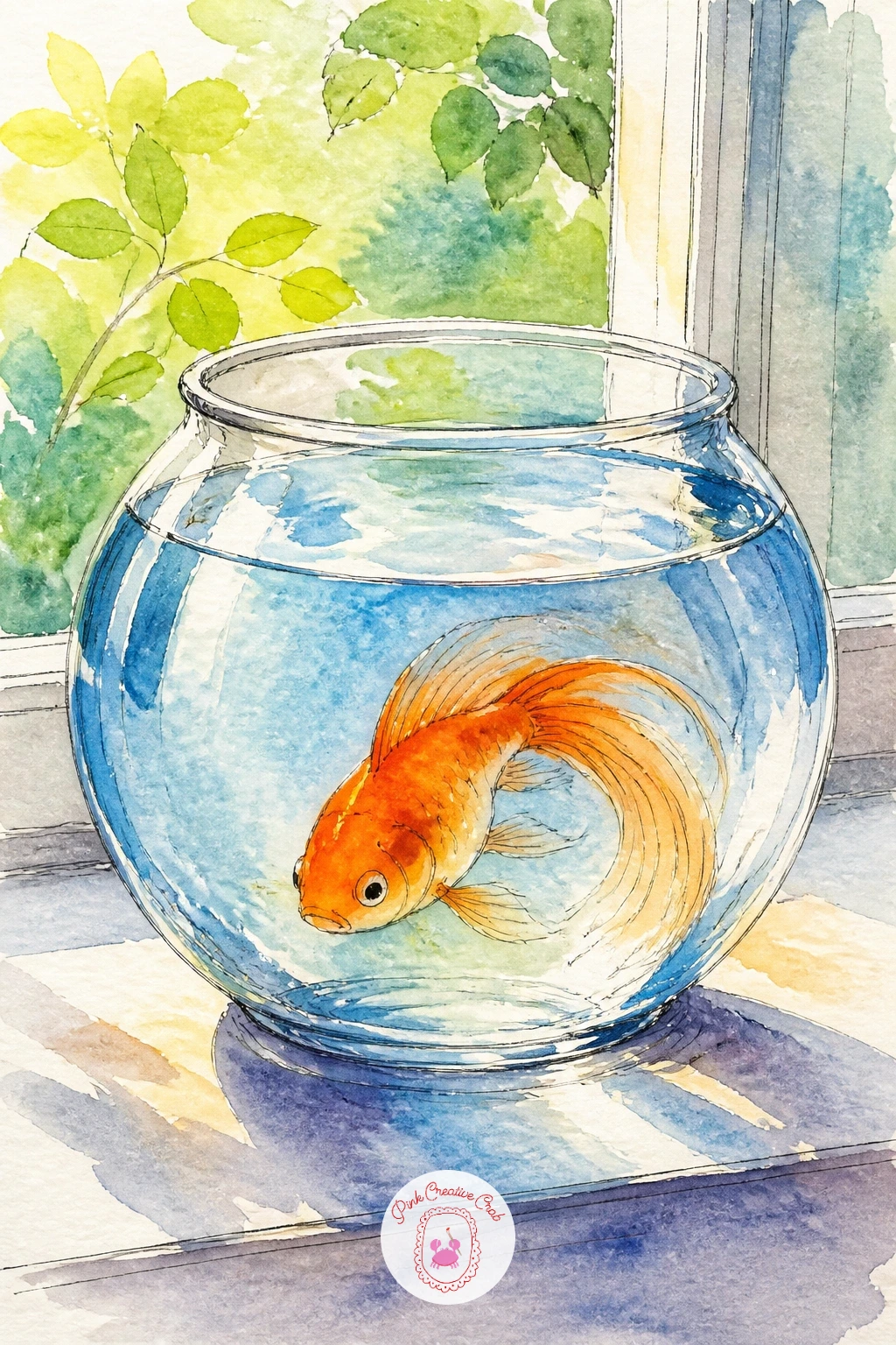 Goldfish in a Round Bowl on a Windowsill — Start with the easiest setup in the whole list: a round goldfish bowl sitting on a windowsill, one fish curled