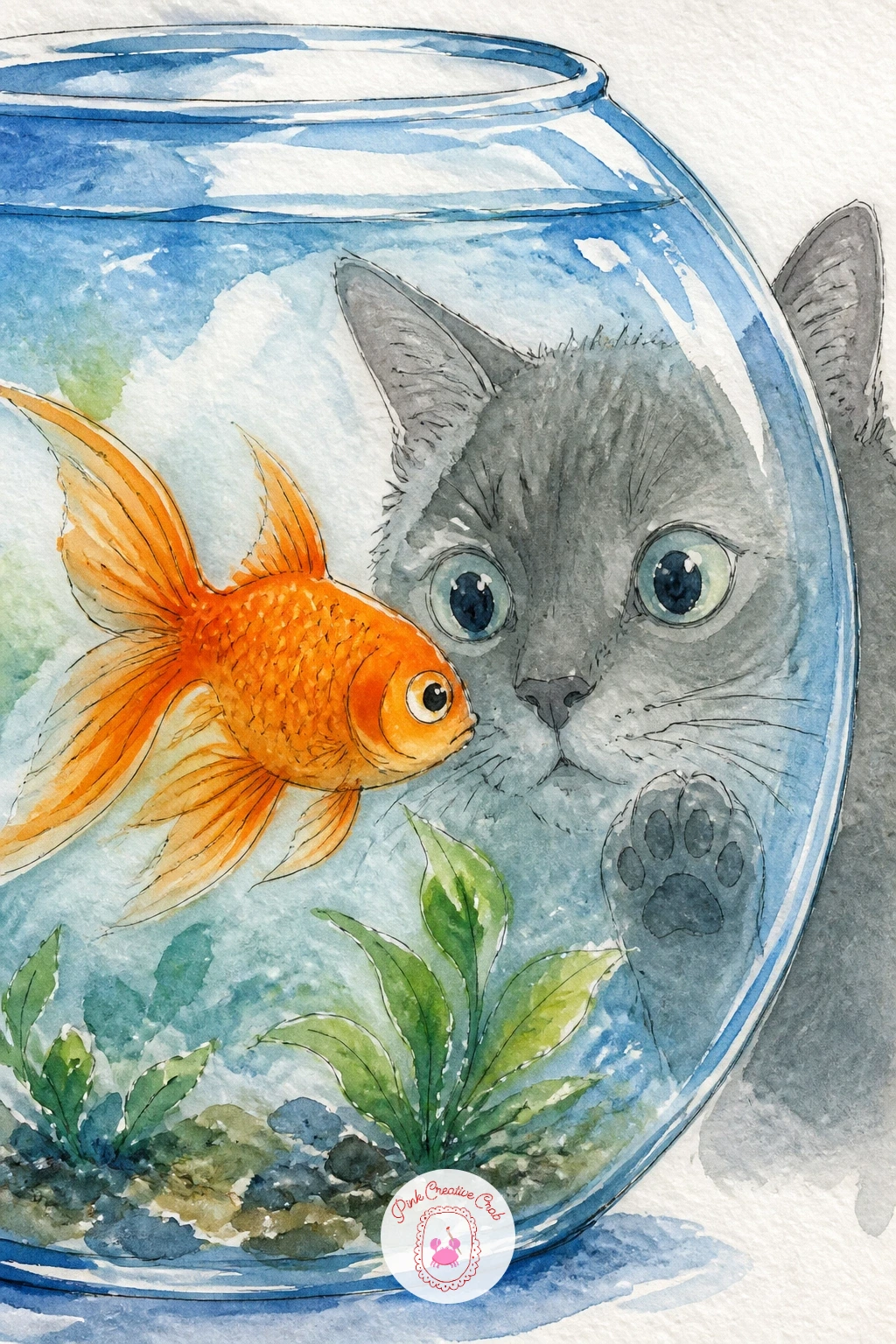 A Goldfish Looking at a Cat Through the Glass — This little face-off between a goldfish and a cat gives you a story in one small scene. Goldfish drawing