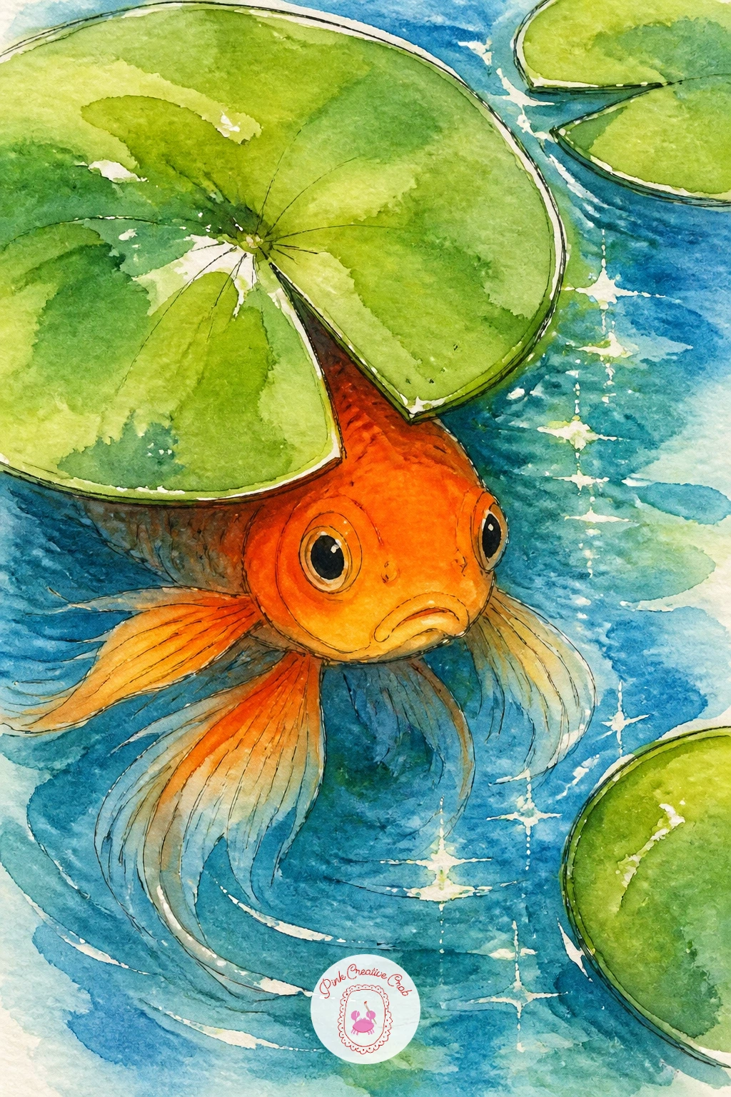 A Goldfish in a Pond With Lily Pads — Move the fish outdoors for this one, into a small garden pond scattered with lily pads. Goldfish drawing