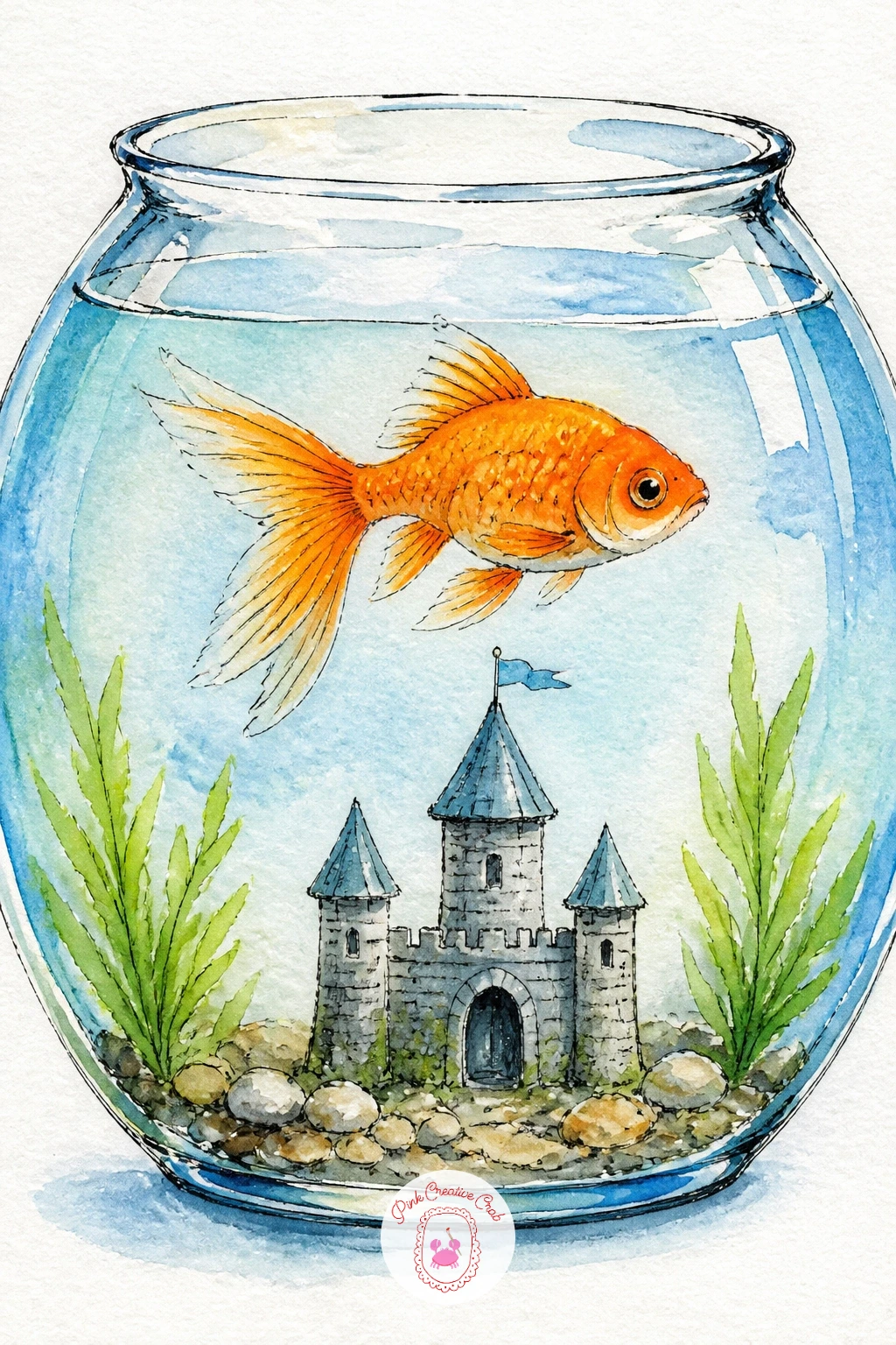 A Goldfish Bowl With a Tiny Castle — Add a classic bit of fishbowl furniture with a tiny castle ornament sitting at the bottom of the glass. Goldfish drawing