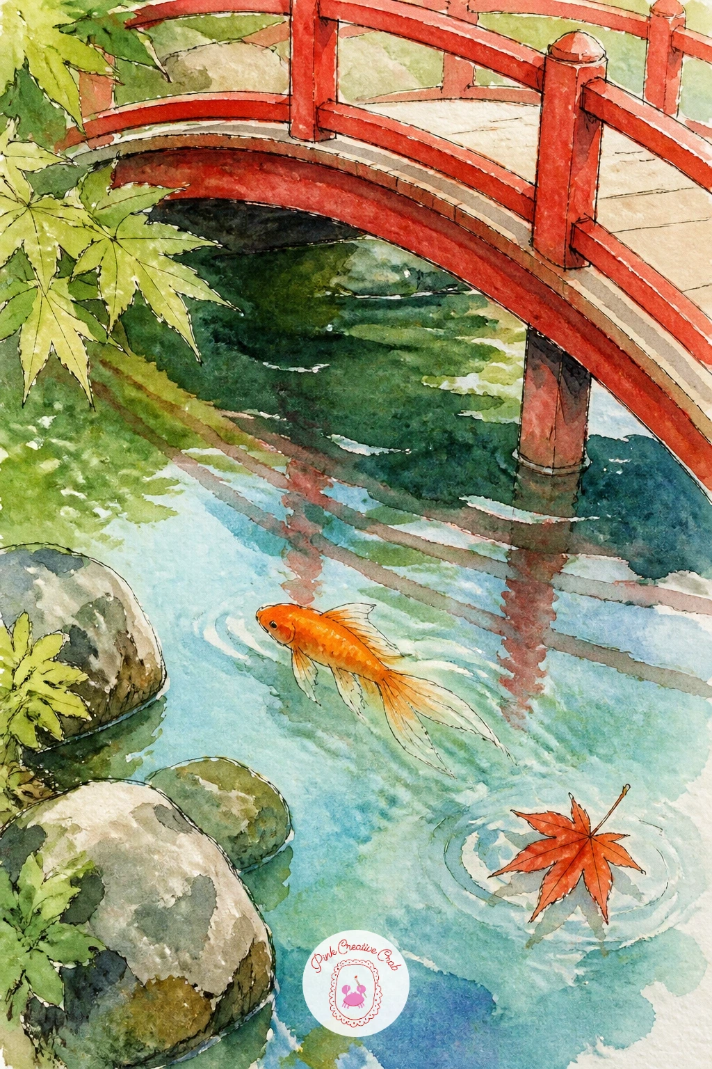 A Goldfish Pond in a Japanese Garden — Widen the scene for a goldfish pond set in a quiet Japanese garden, with a small red wooden bridge arching over the