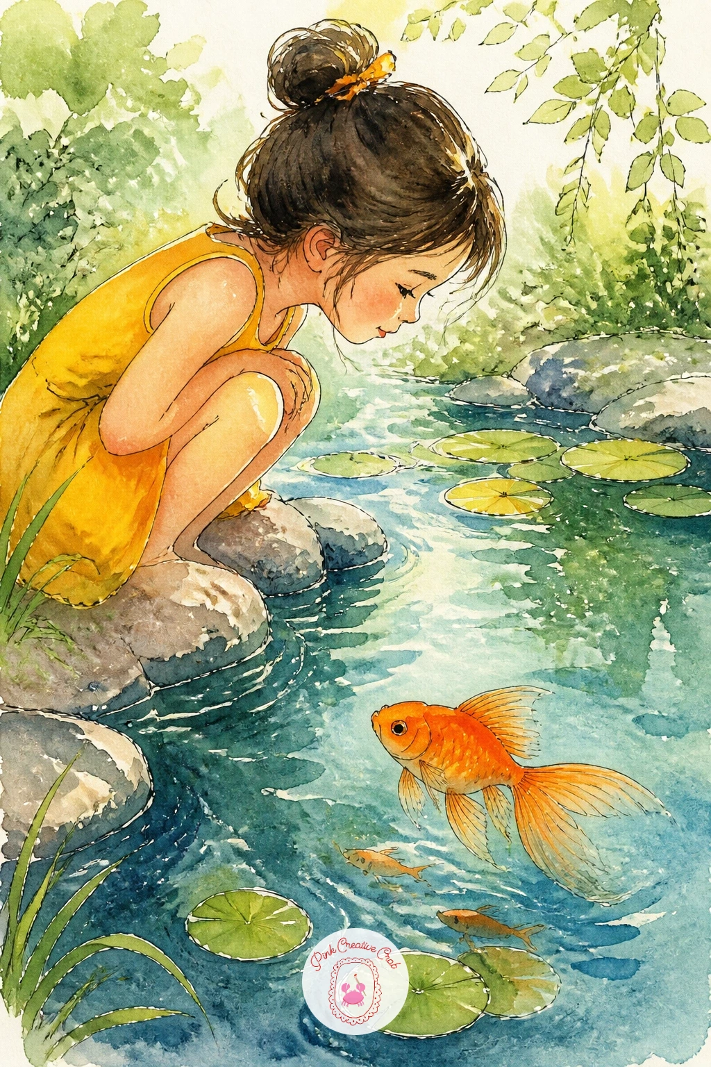 A Girl Watching Goldfish at a Pond — Bring a small figure into the scene with a girl crouched at the edge of a pond, watching the goldfish below. Goldfish