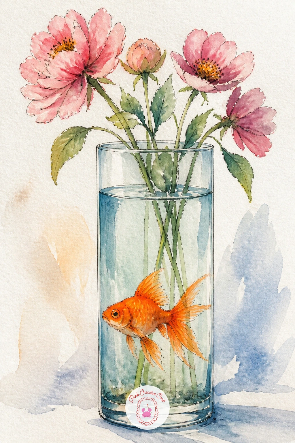 A Goldfish in a Glass Vase With Flowers — Pair the fish with a small bunch of flowers for this softer, more decorative scene. Goldfish drawing