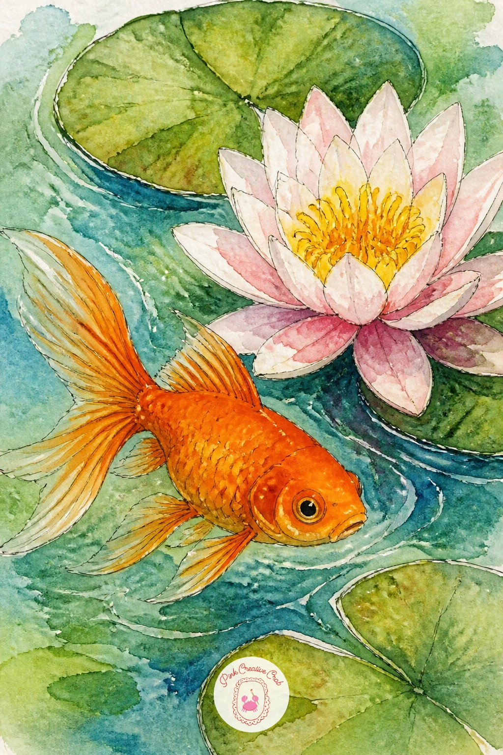 A Goldfish Swimming Past a Water Lily — Pair the fish with a single, fuller water lily bloom this time, rather than the flat lily pads from earlier. Goldfish