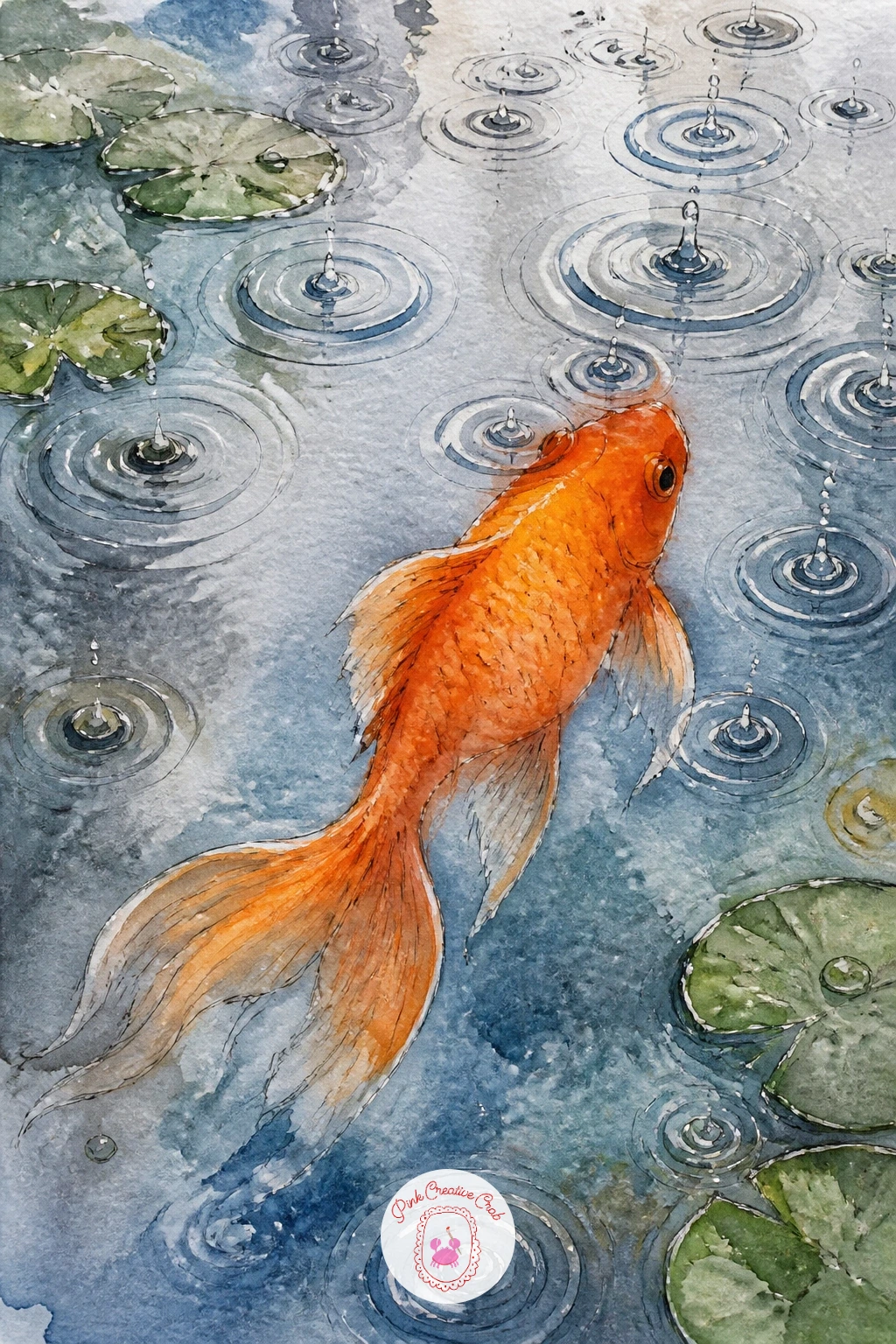A Goldfish Under a Raindrop-Dotted Surface — Set the mood a little differently with a fish seen from below a rain-dotted surface. Goldfish drawing
