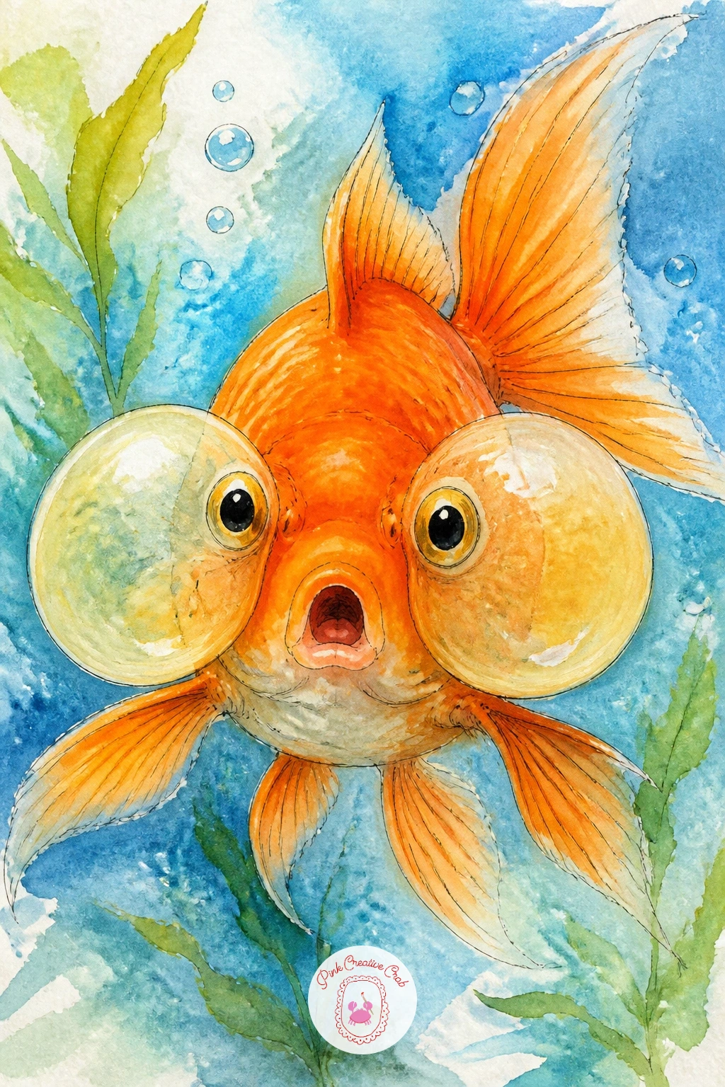 A Bubble-Eye Goldfish With a Surprised Face — Have some fun with proportion on this one, since bubble-eye goldfish are famous for their oversized fluid-filled