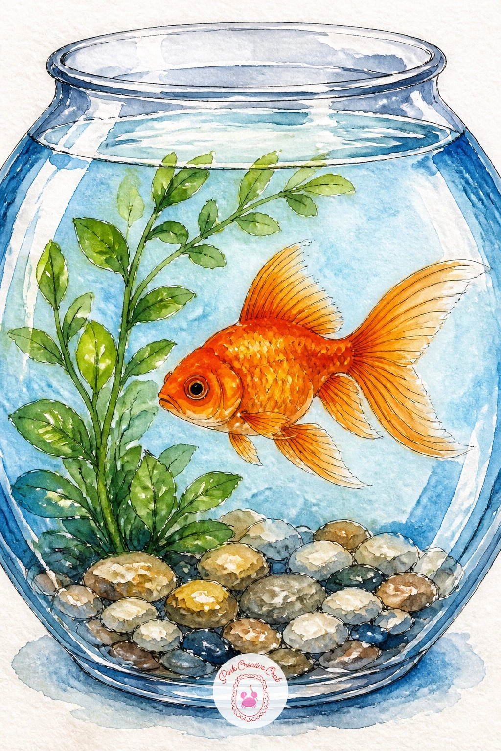 A Goldfish Bowl With a Plant and Pebbles — Keep this one calm and simple, just a bowl, a fish, a small plant and a scatter of pebbles at the base. Goldfish