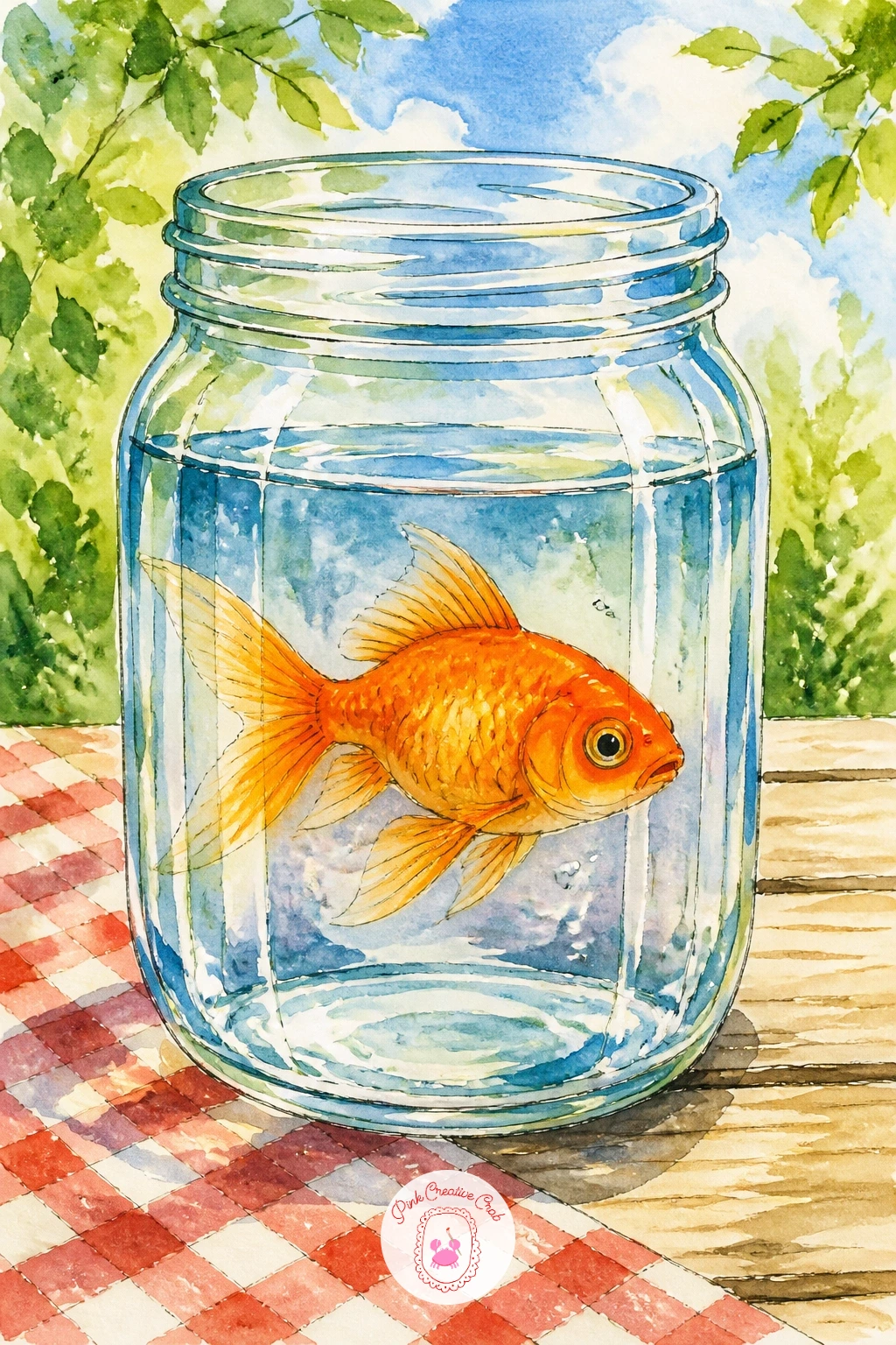 A Goldfish in a Mason Jar on a Picnic Table — Take the fish outdoors for a sunny picnic scene, held in a simple mason jar sitting on a wooden table. Goldfish
