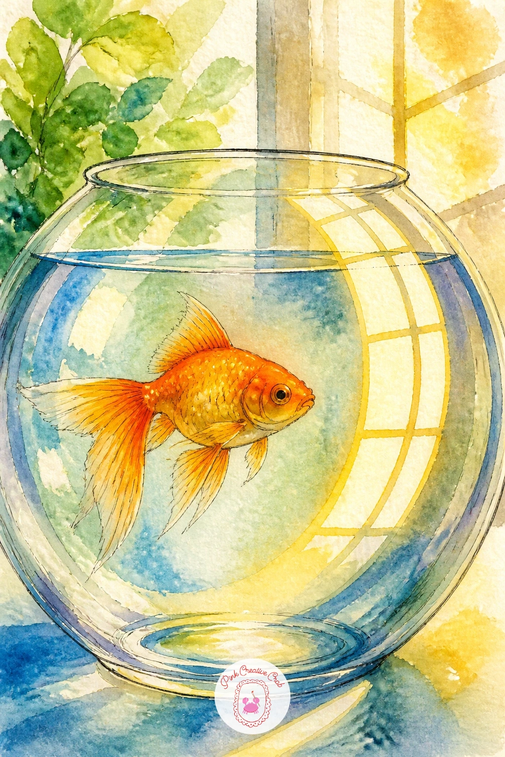 A Goldfish Bowl Reflecting a Sunny Window — Bring light into focus for this piece, a goldfish bowl catching the bright reflection of a sunny window on its