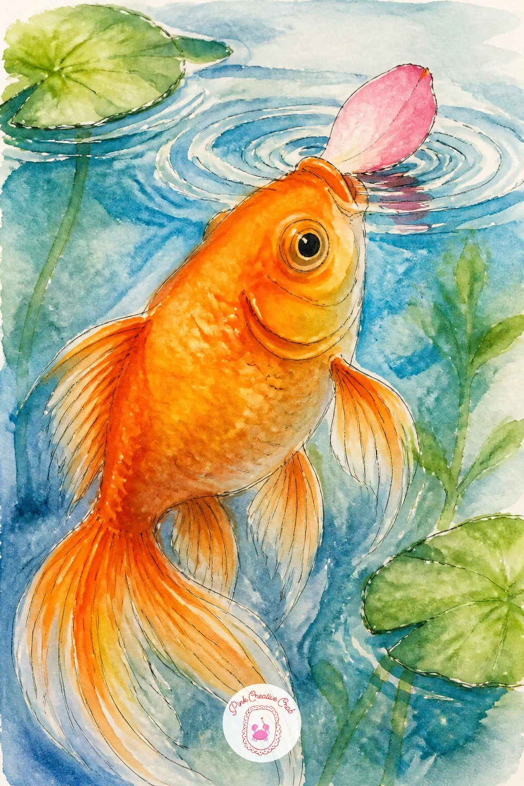 A Goldfish Nibbling at a Floating Petal — Give the fish a small snack for this gentle, slightly funny scene, a single flower petal drifting on the water's