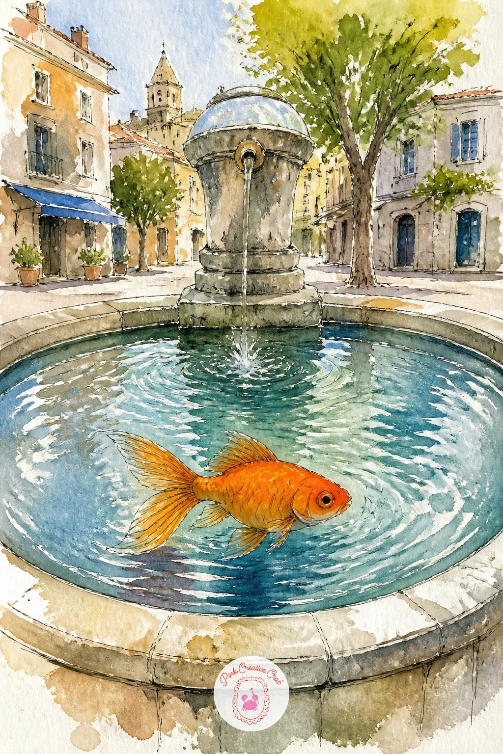 A Goldfish in a Fountain in a Town Square — Widen the scene again for a goldfish swimming in a stone fountain set in a small town square. Goldfish drawing