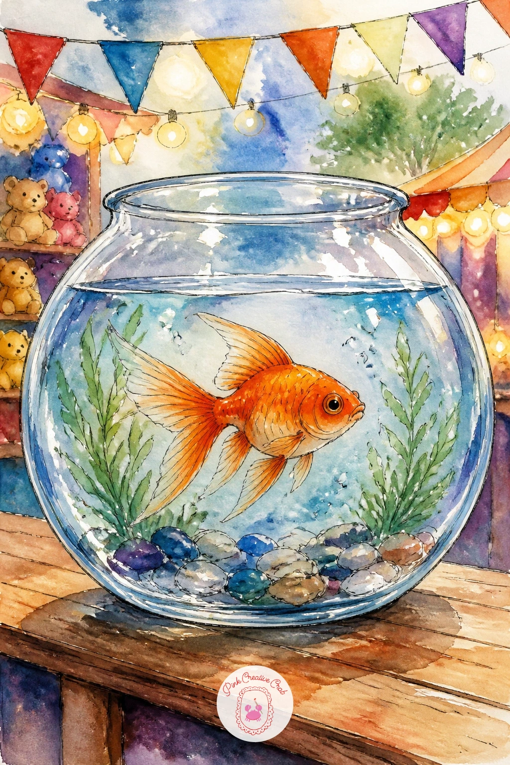 A Goldfish Bowl at a Fair Stall — Bring back the fairground atmosphere with a goldfish bowl displayed on a fair stall counter, strings of small flags or lights