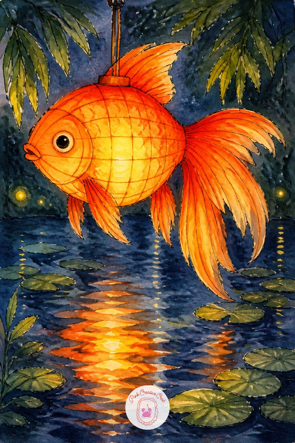 A Goldfish Shaped Paper Lantern Over a Pond — Turn the fish itself into a decoration for this one, a goldfish-shaped paper lantern glowing above a quiet pond